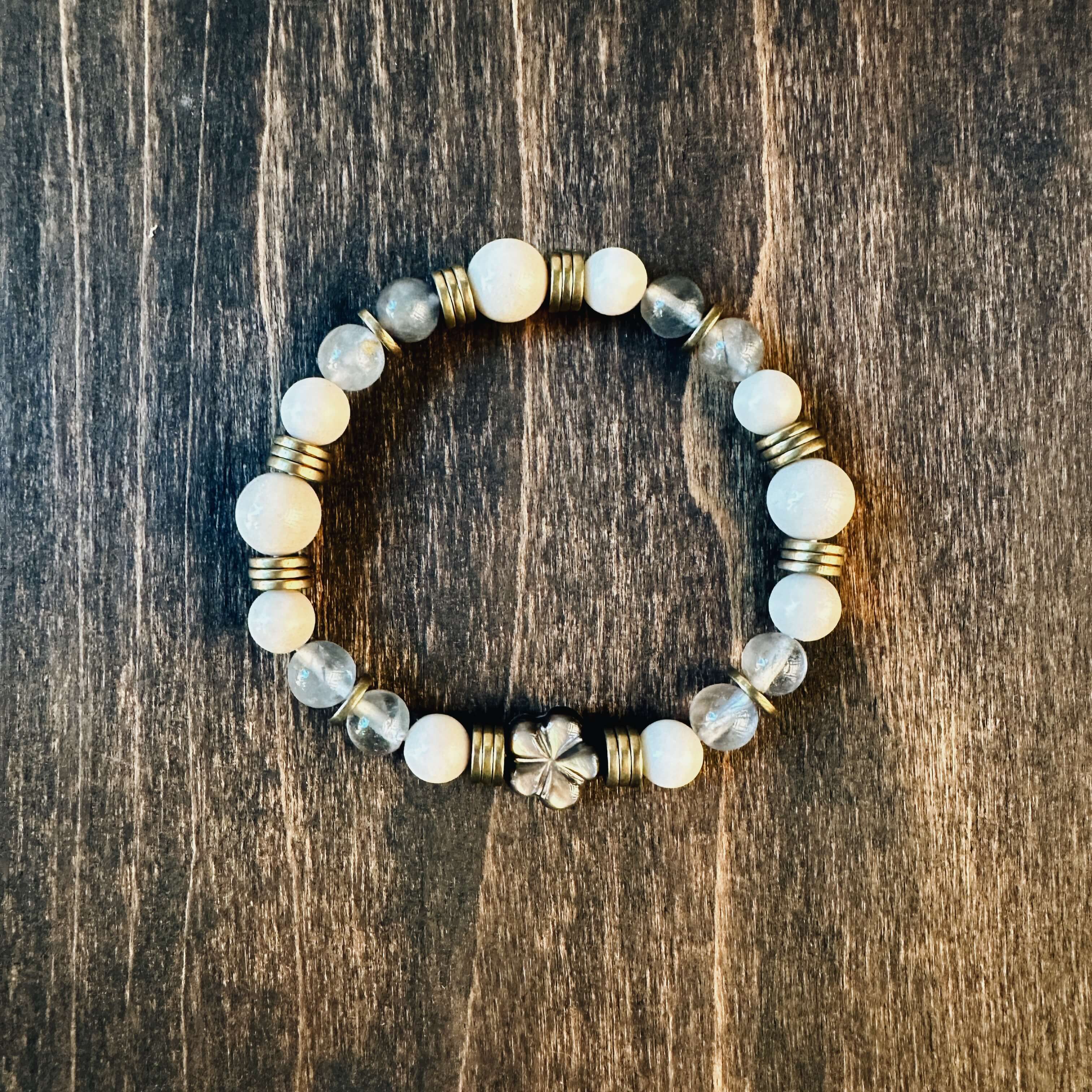 Abalone Flower, Labradorite, Mountain Jasper, and Brass Bracelet