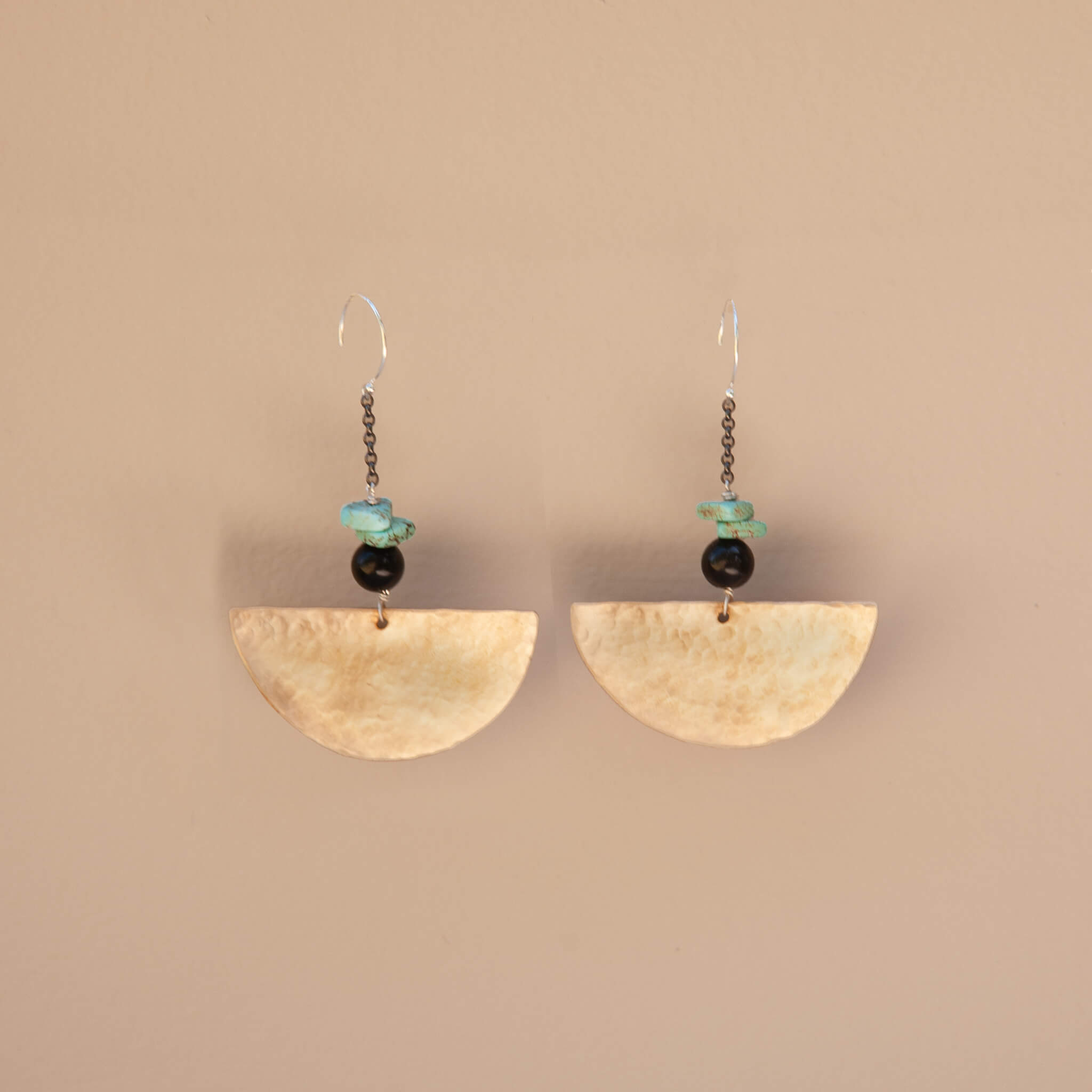 Half Moon Bronze Earrings with Turquoise & Onyx