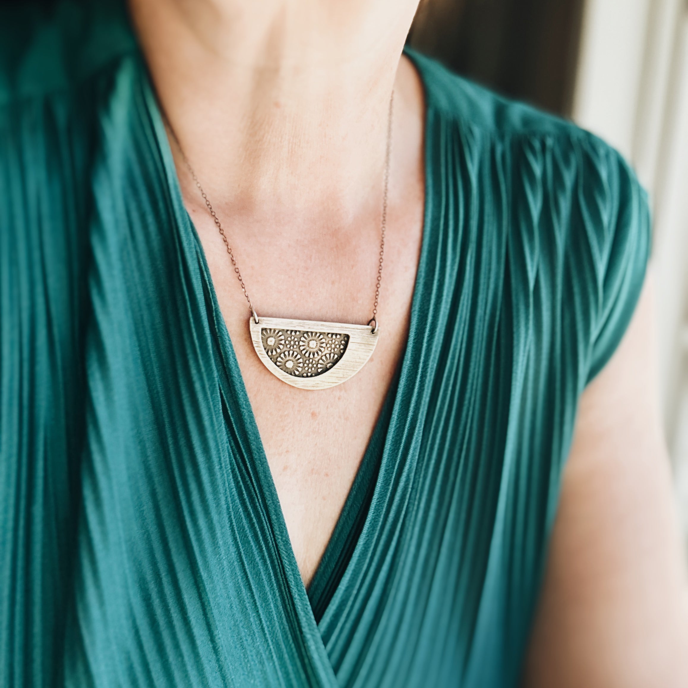 Artisan Half Moon Daisy Pendant Necklace