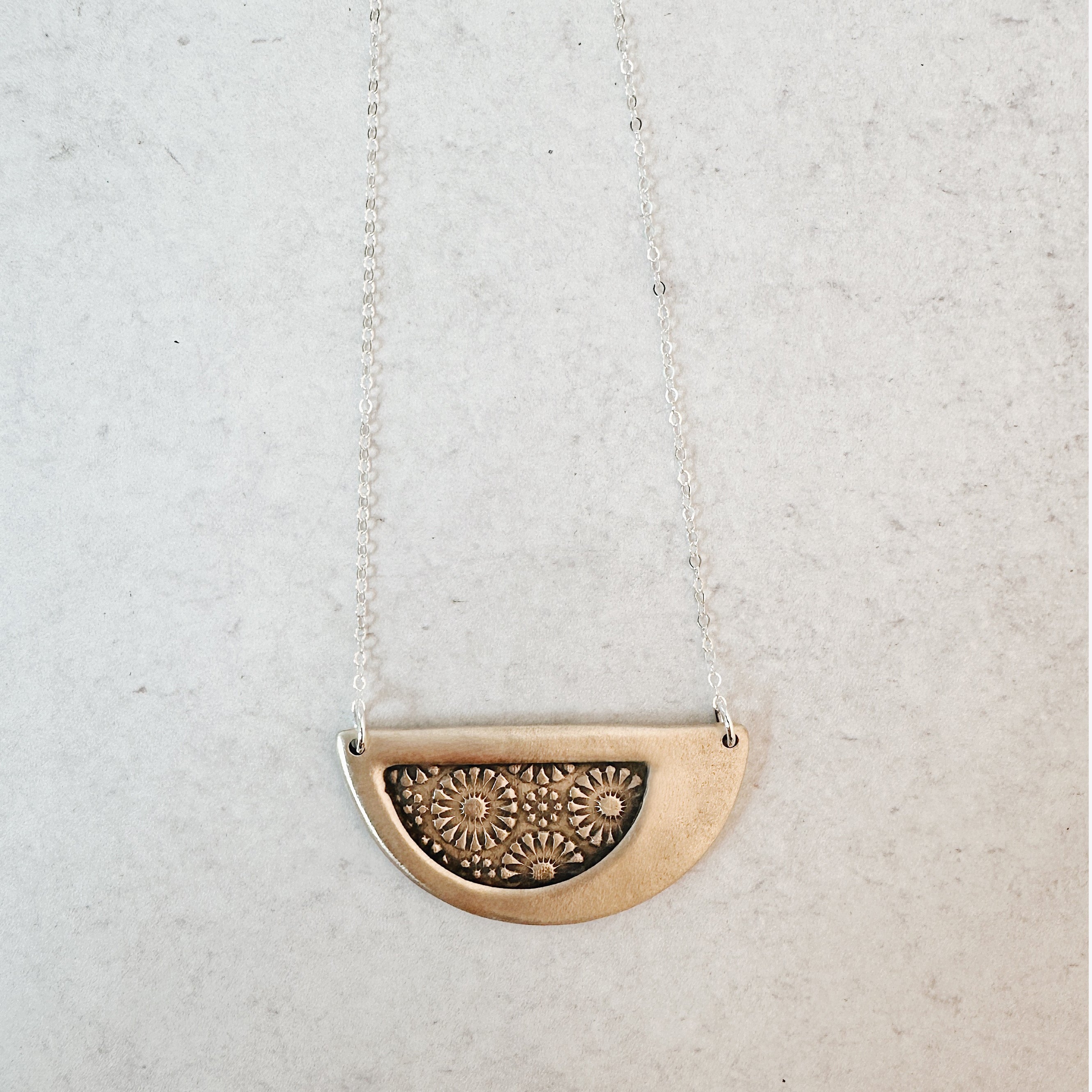 Artisan Half Moon Daisy Pendant Necklace, Smooth Texture