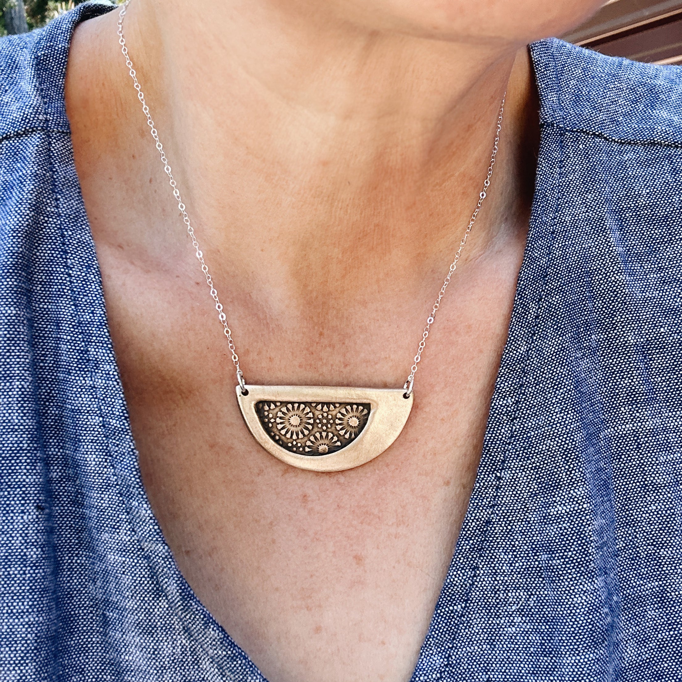 Artisan Half Moon Daisy Pendant Necklace, Smooth Texture