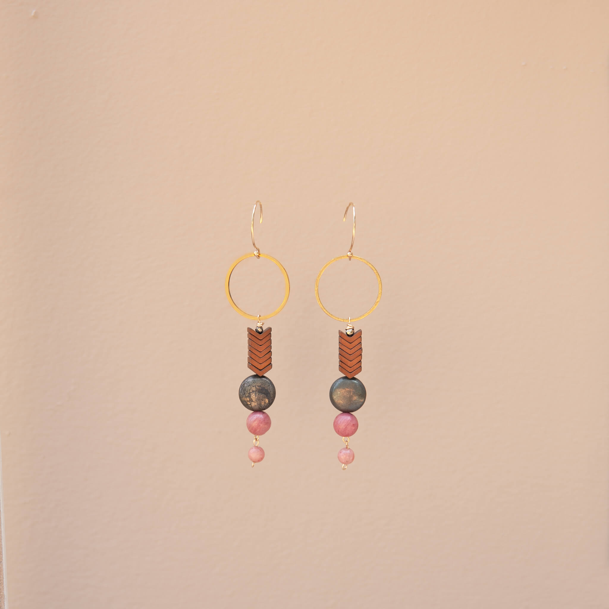 Heart & Stone – Rhodochrosite & Pyrite Dangles