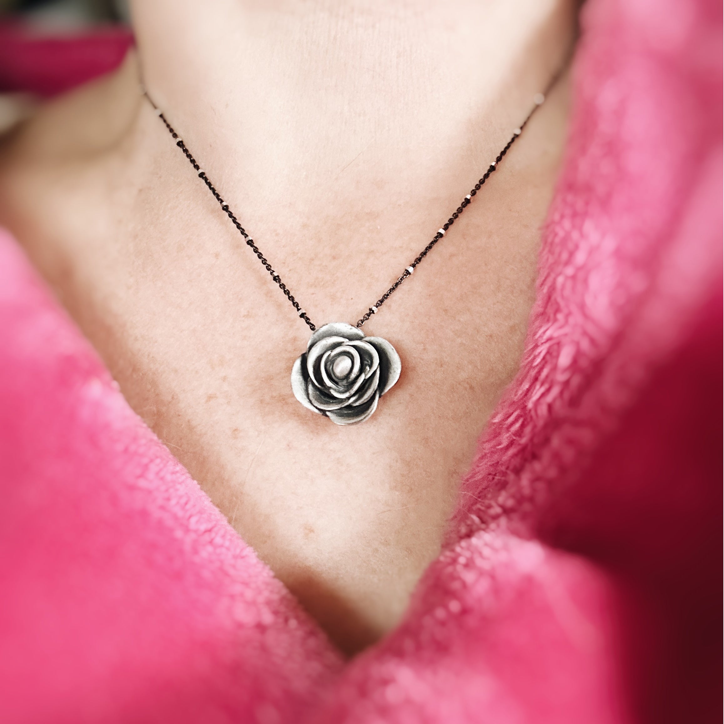Artisan Silver Hand Sculpted Rose Pendant Necklace, Medium 18mm