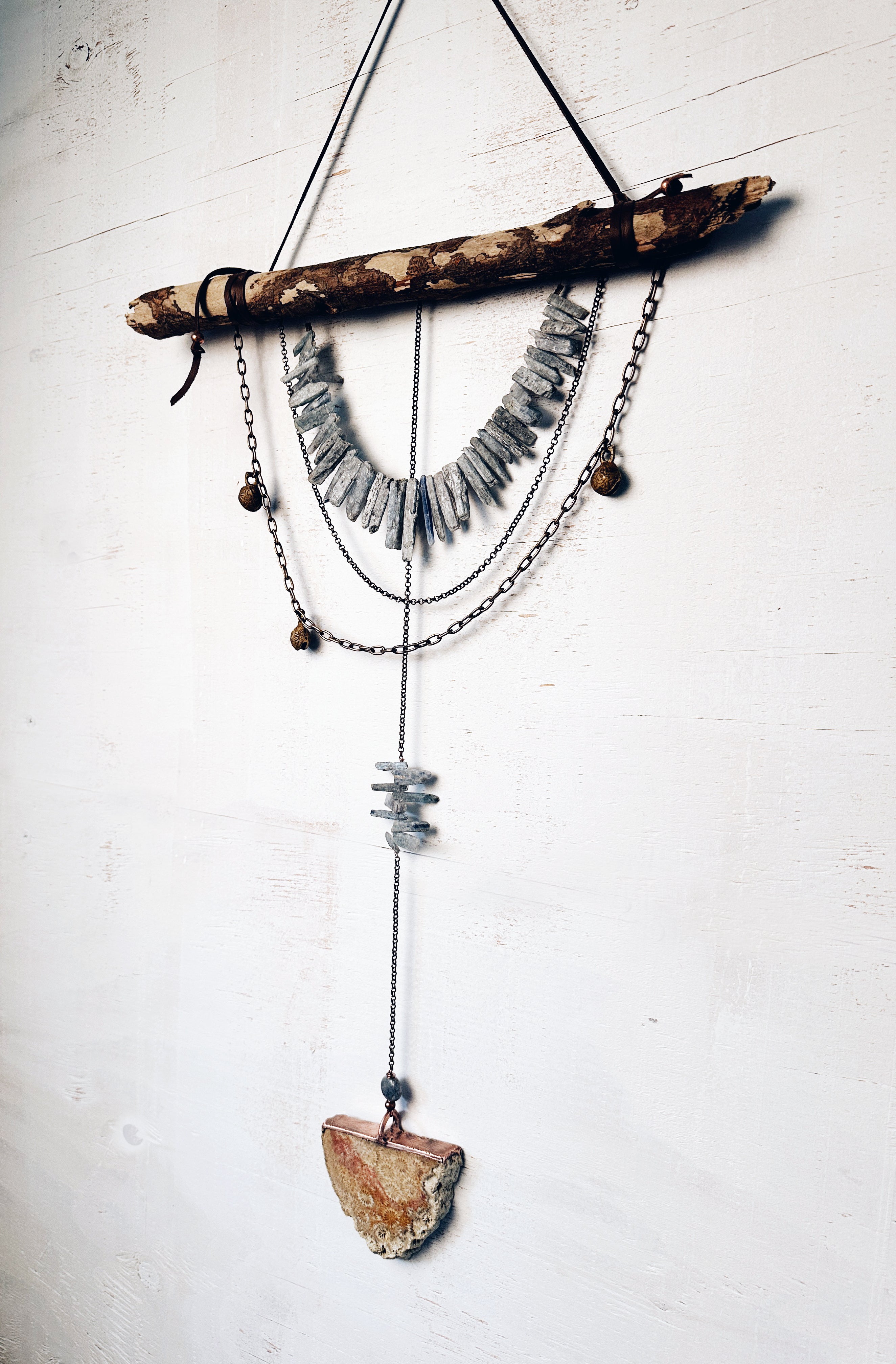 Earth, Wind, and Sky Wall Hanging with Driftwood, Kyanite and Brass