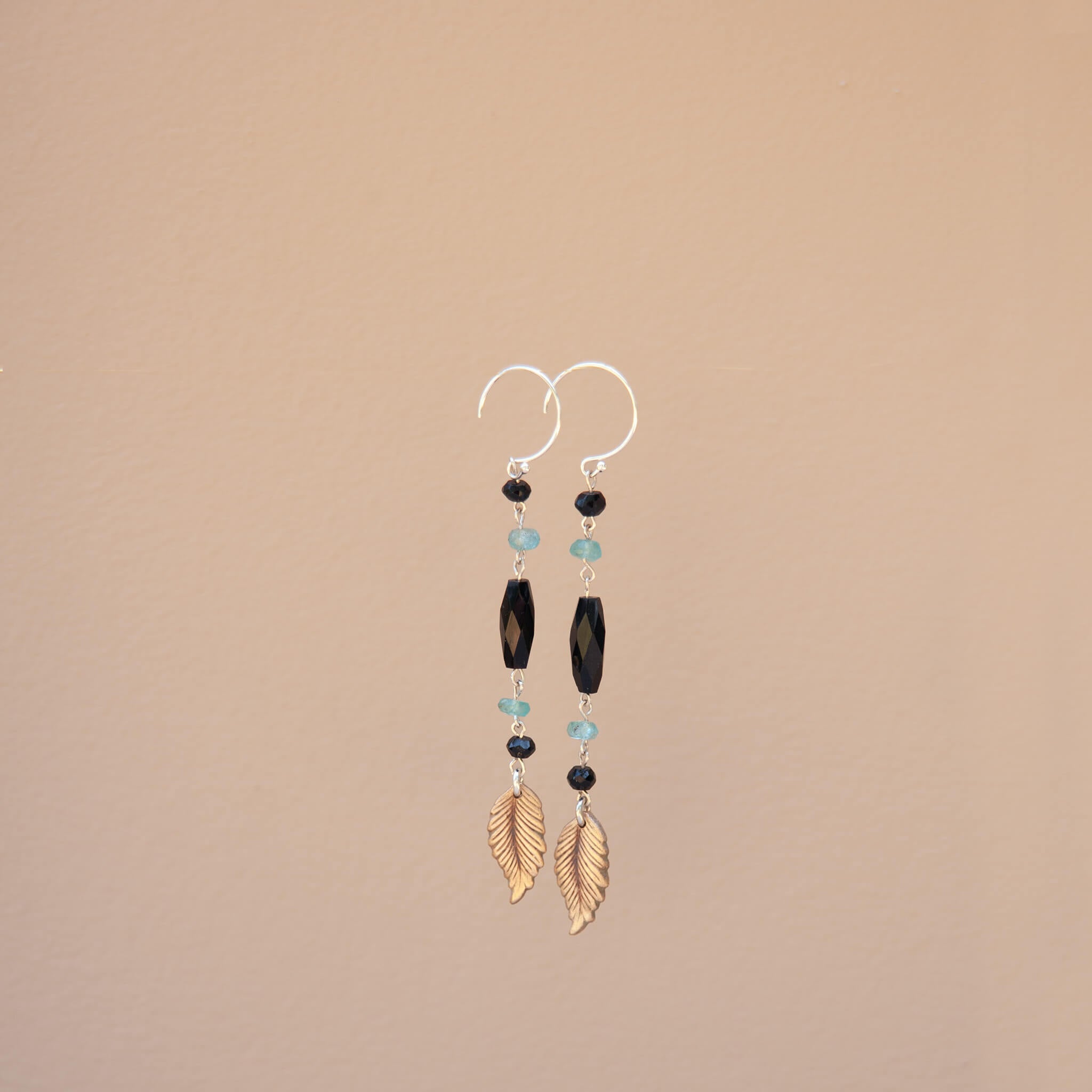 Midnight Leaf – Aquamarine & Black Tourmaline Leaf Dangle Earrings