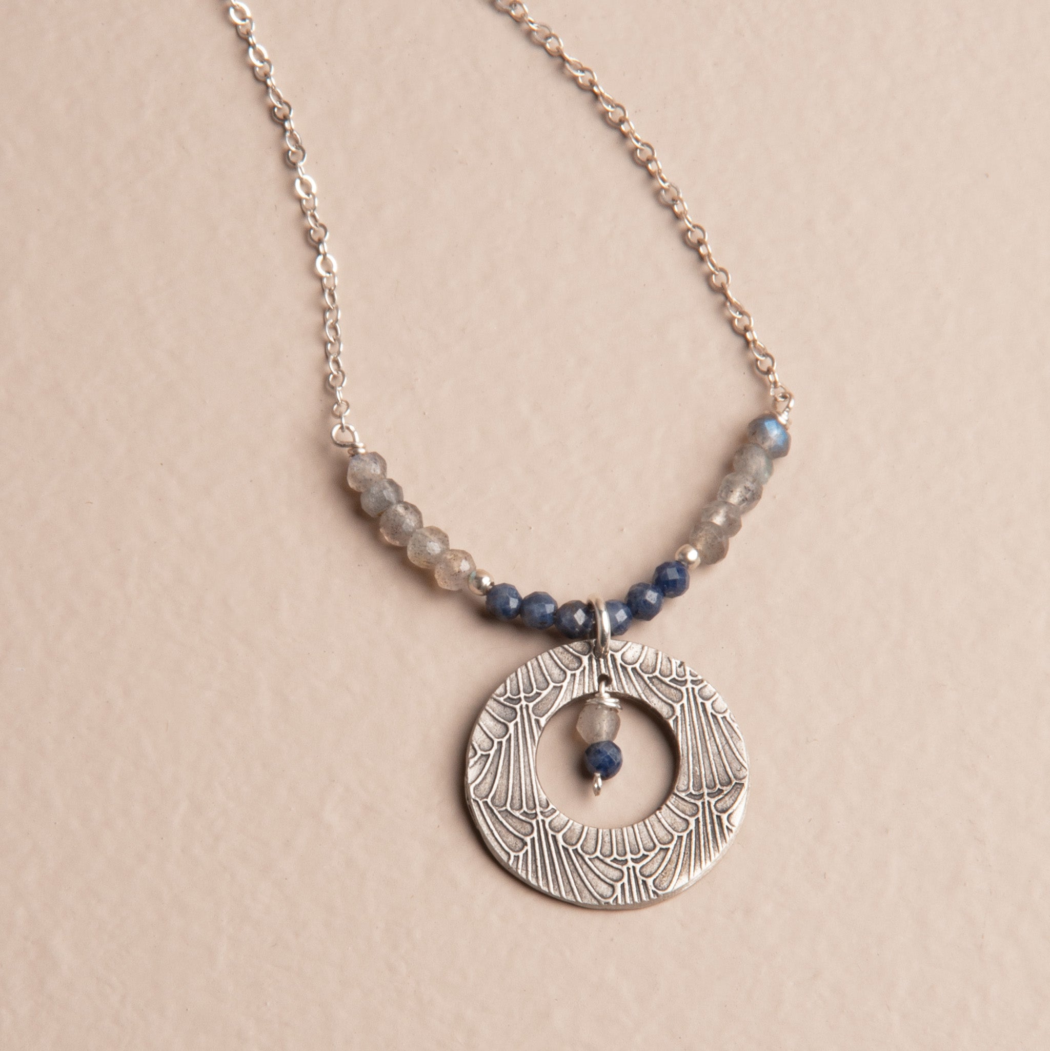 Moonlit Deco – Sapphire & Labradorite Pendant Necklace
