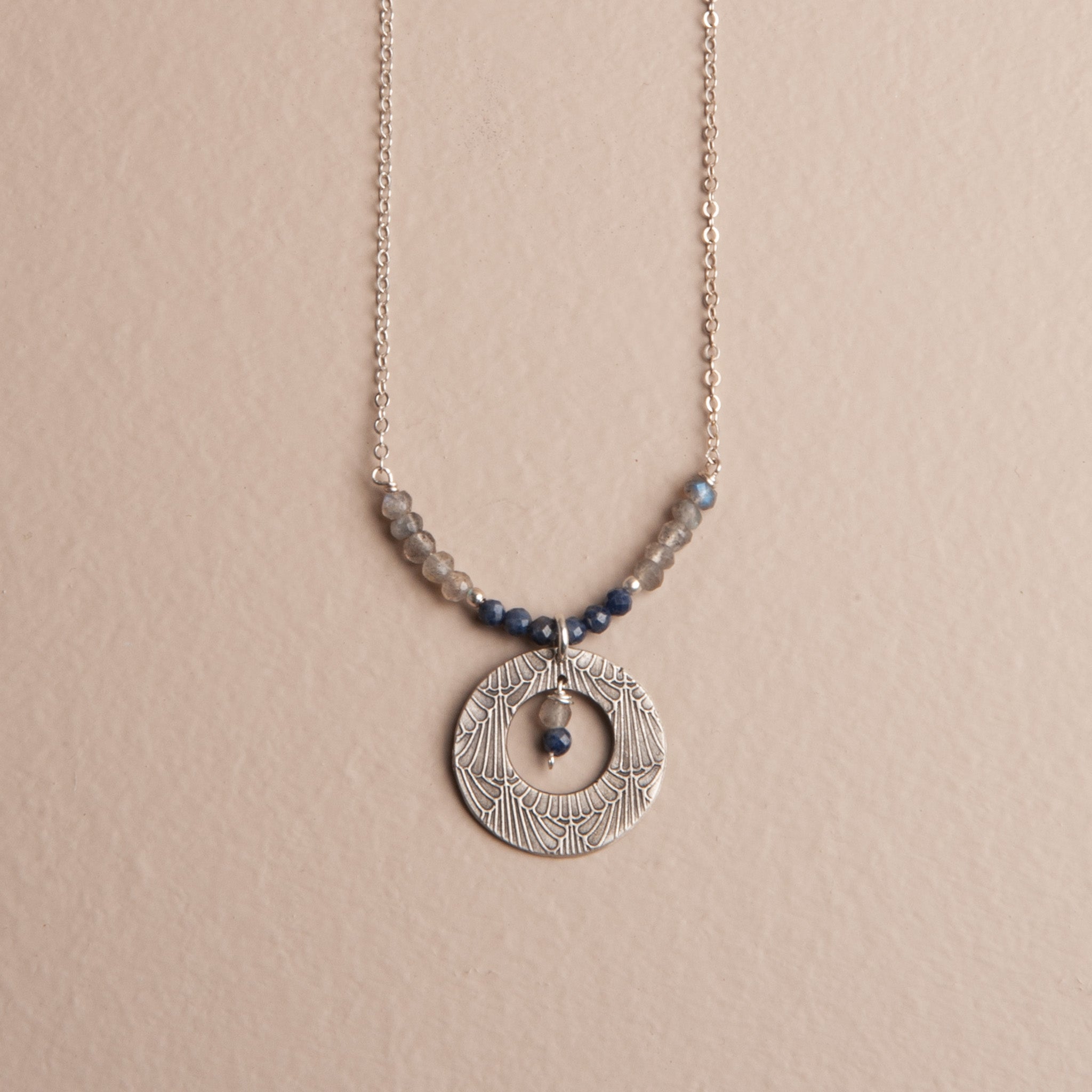 Moonlit Deco – Sapphire & Labradorite Pendant Necklace