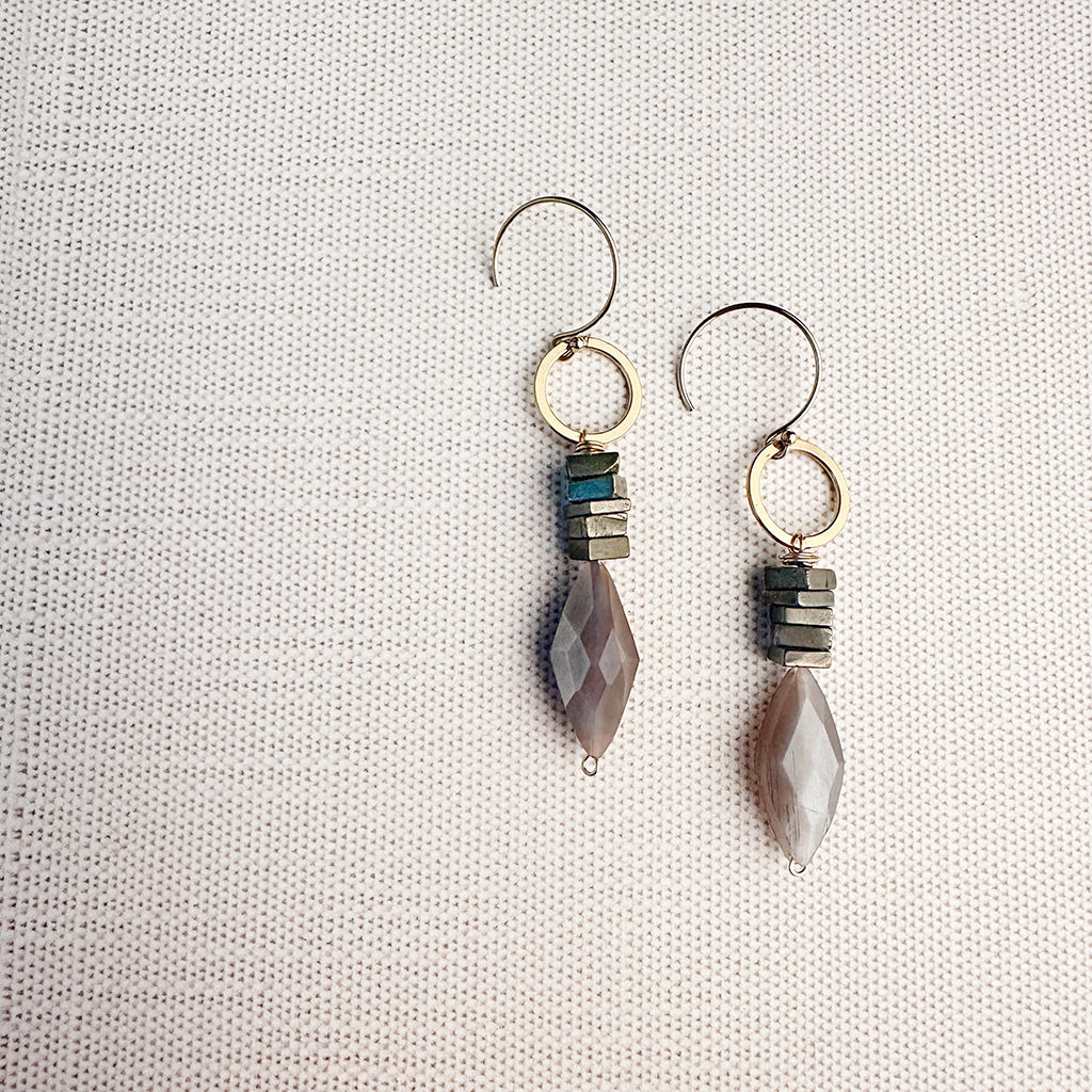 Moonstone & Pyrite Gold Dangle Earrings – Sleek Sophistication