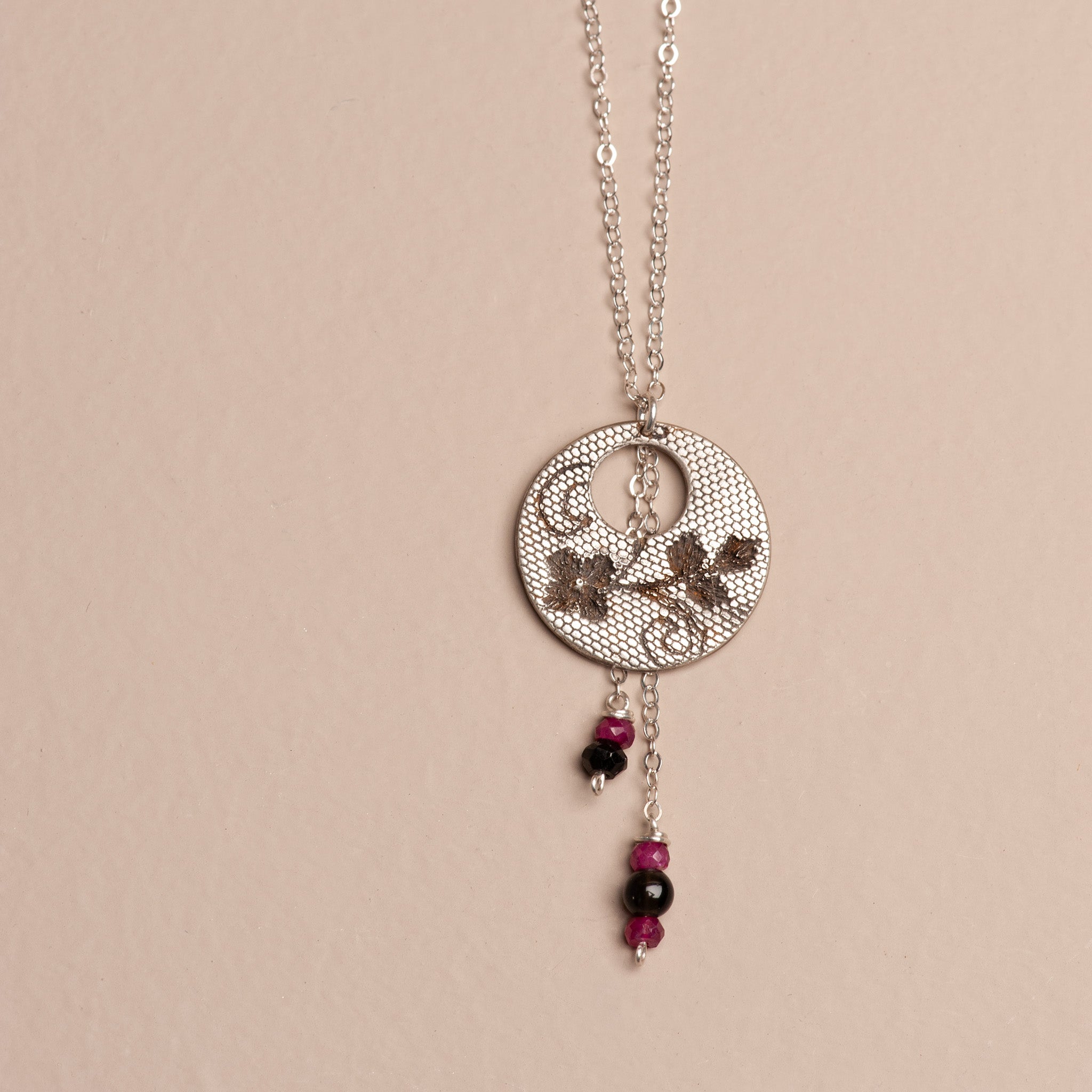 Oxidized Floral Lace Texture Moon Pendant Necklace