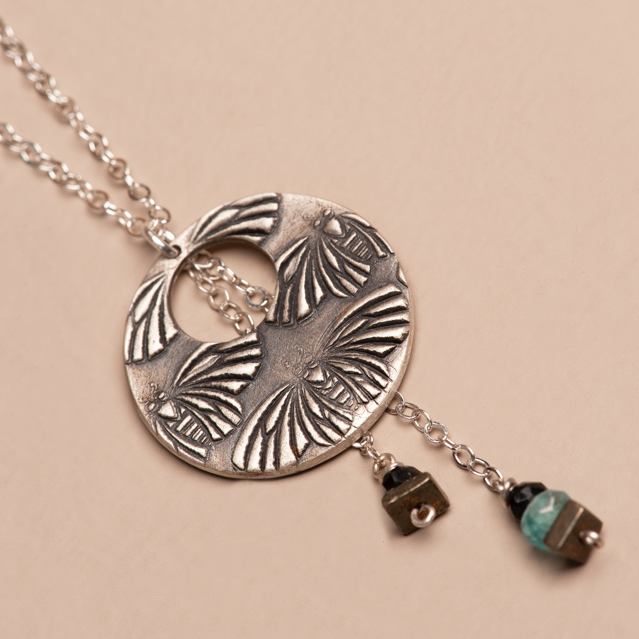 Oxidized Moth in Flight Moon Pendant Necklace