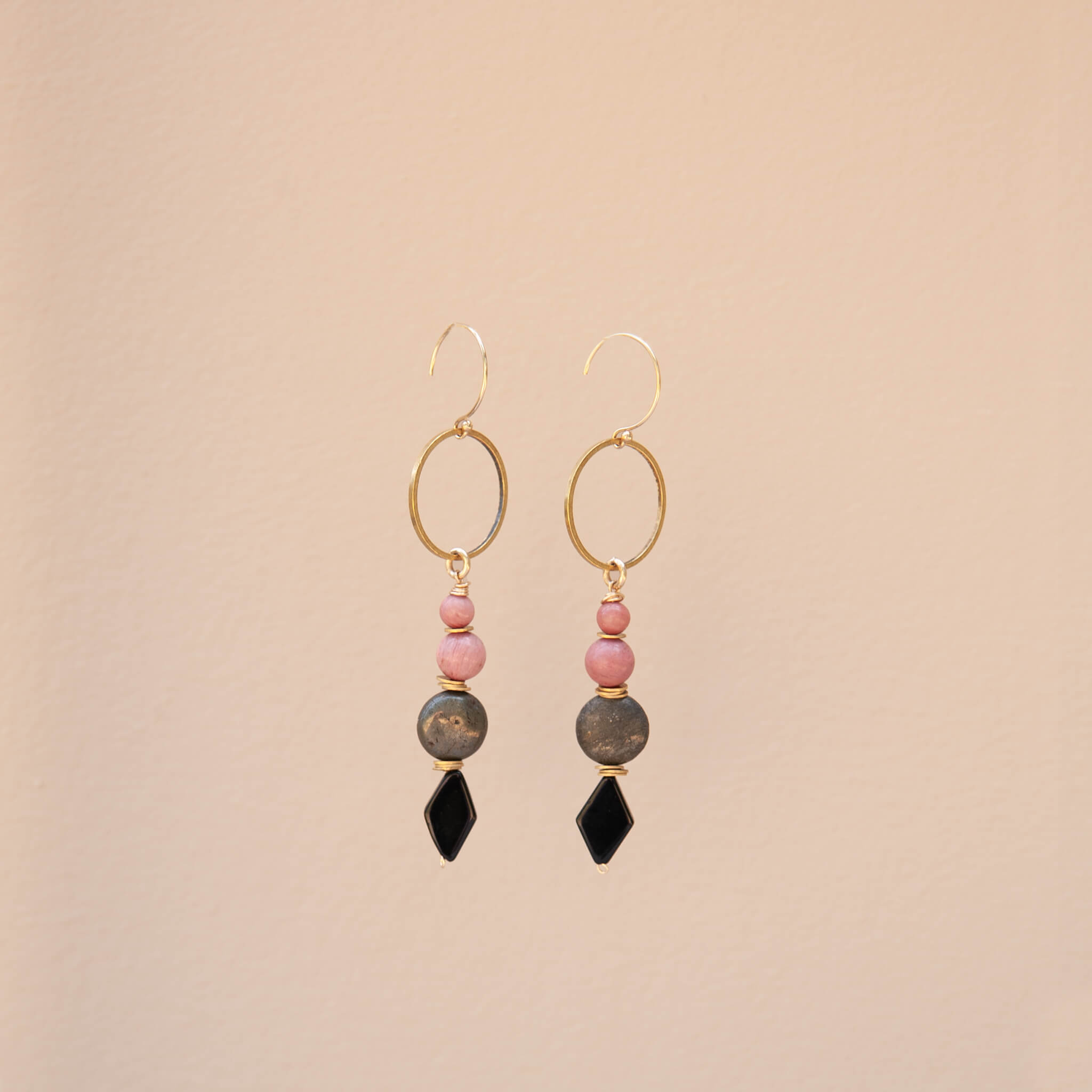 Rhodochrosite Pyrite & Onyx Dangle Earrings – Brass & Gold-Filled