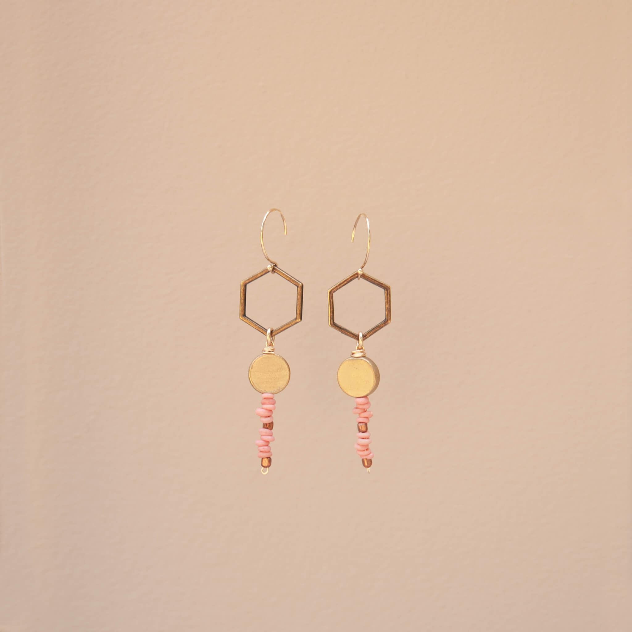 Rose Hex – Pink Glass & Brass Earrings
