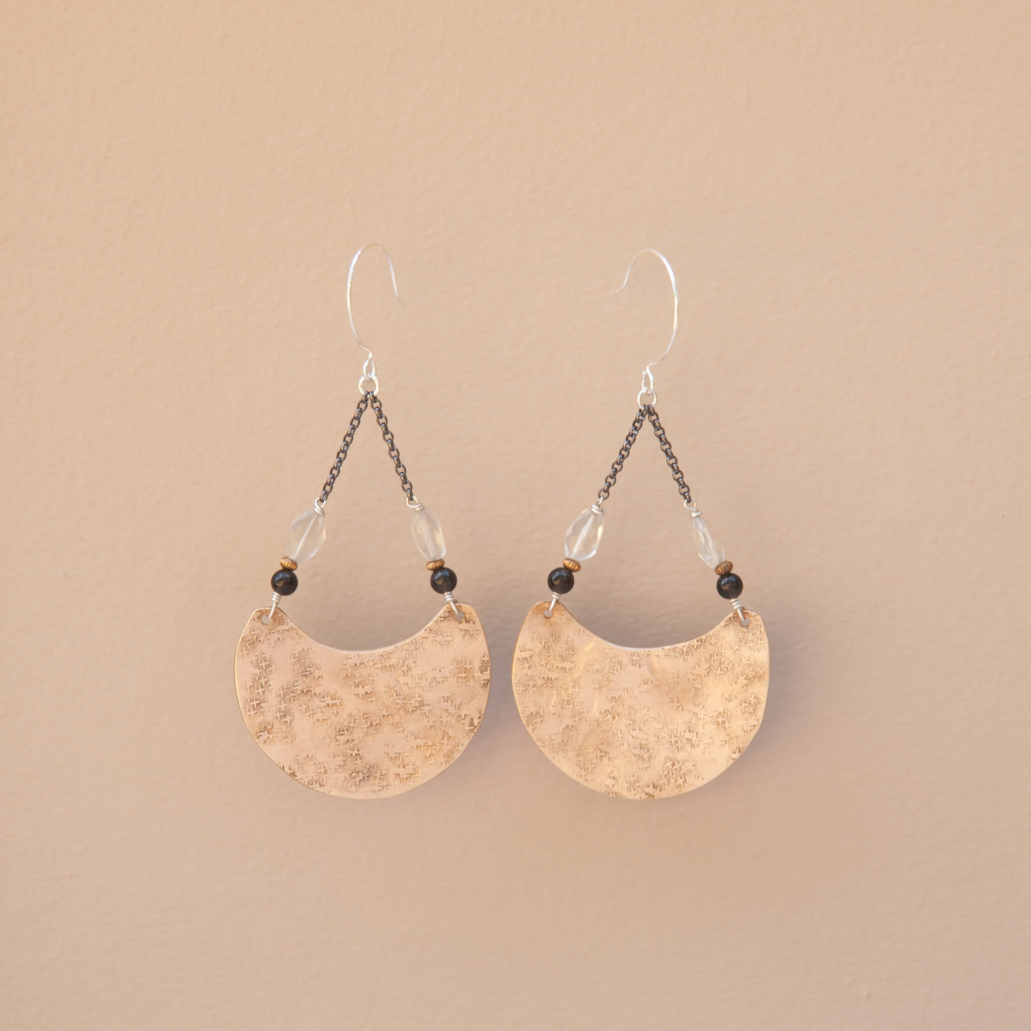 Waxing Moon Dangle Earrings – Brass, Onyx & Clear Quartz