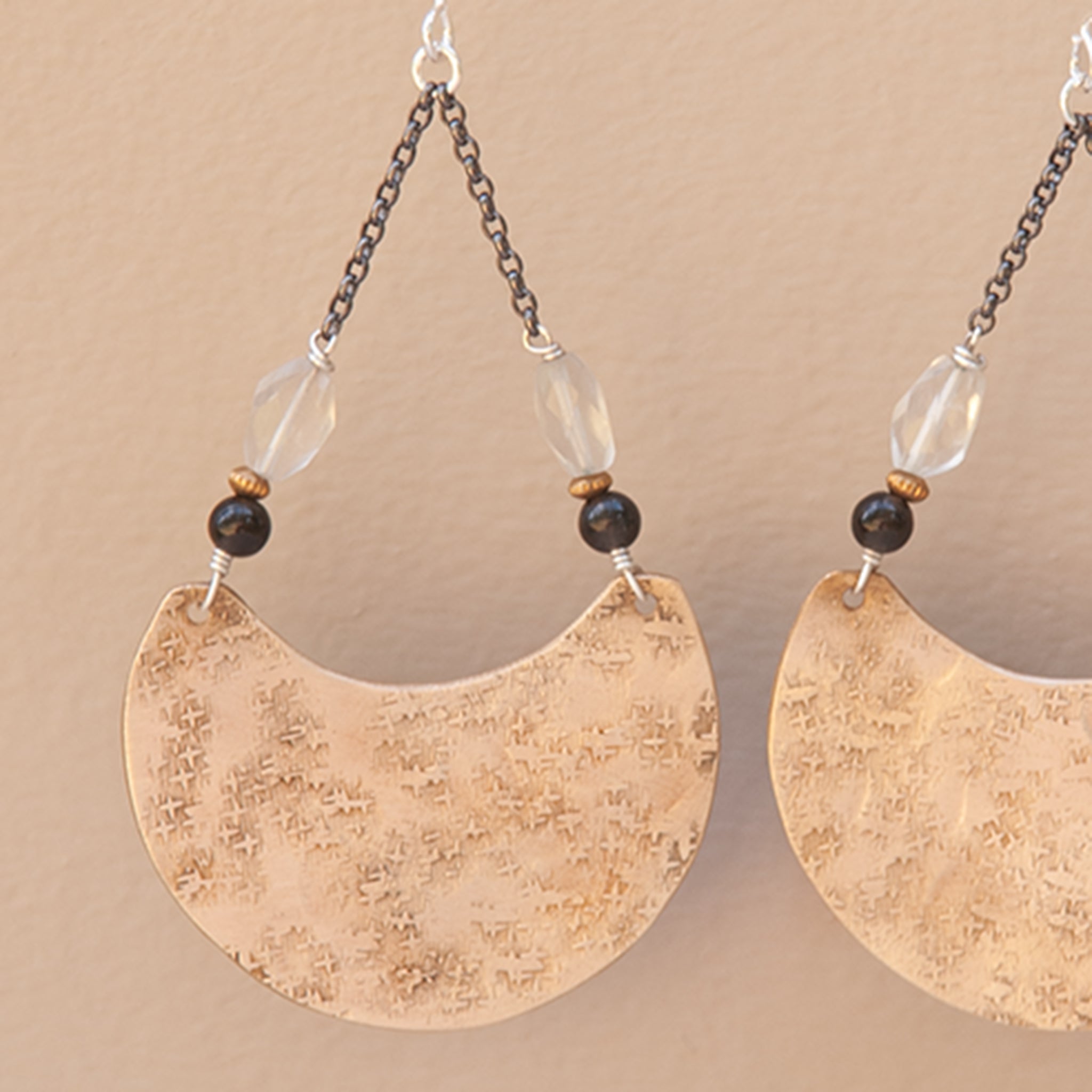 Waxing Moon Dangle Earrings – Brass, Onyx & Clear Quartz