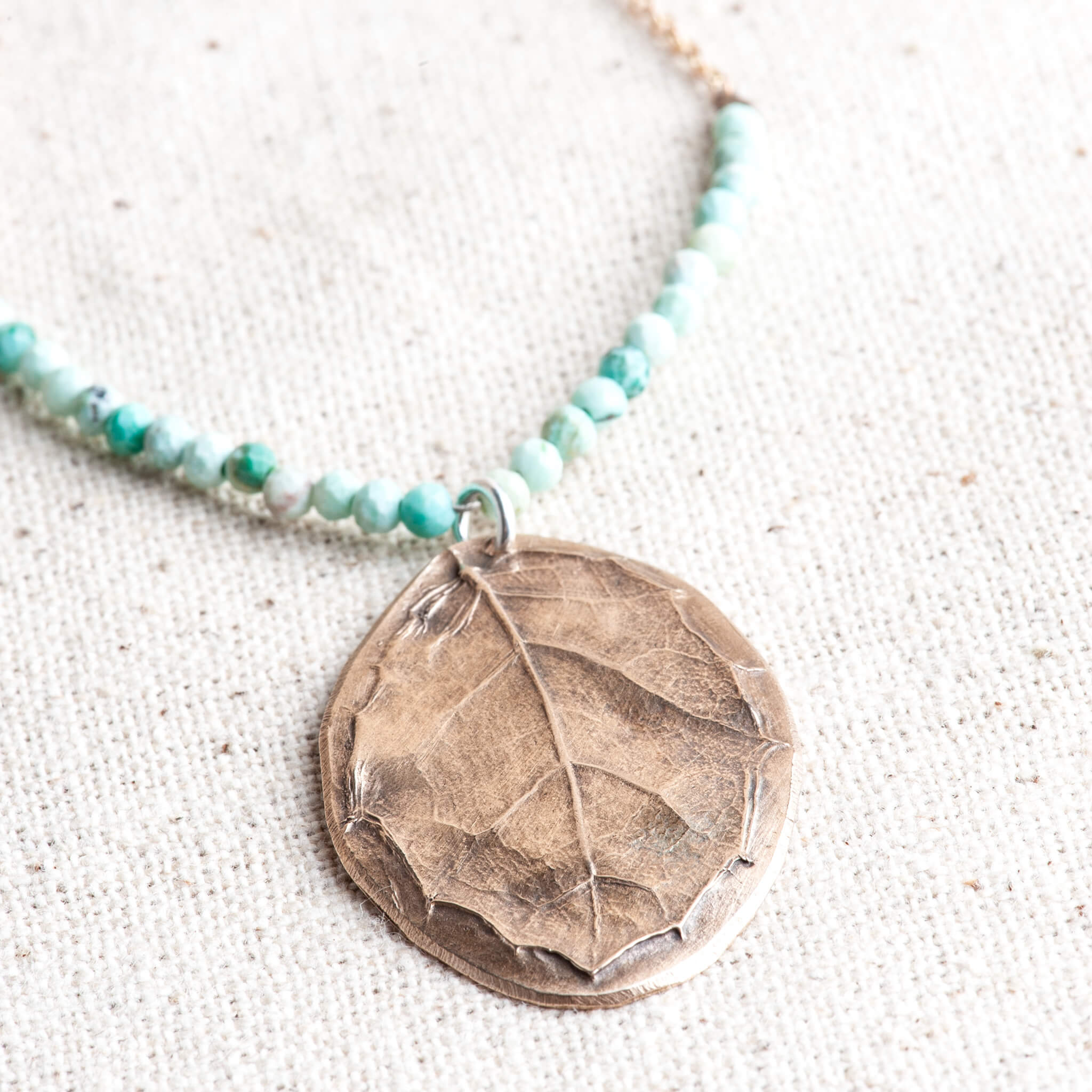Wild Horizon Bronze Oak Leaf & Peruvian Turquoise Pendant Necklace
