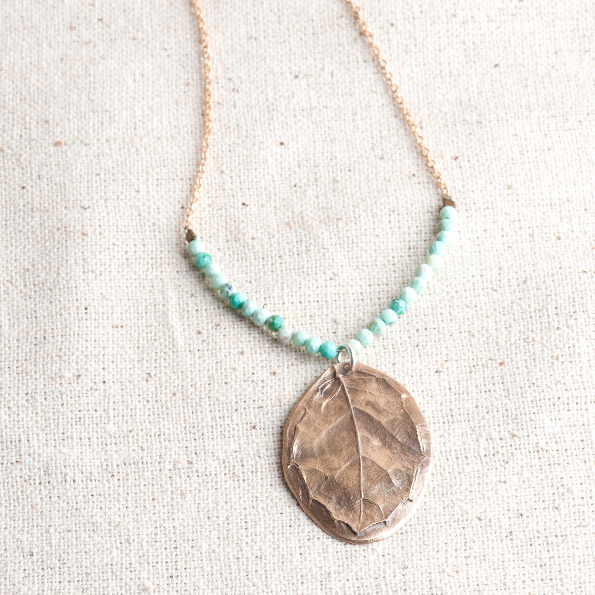 Wild Horizon Bronze Oak Leaf & Peruvian Turquoise Pendant Necklace