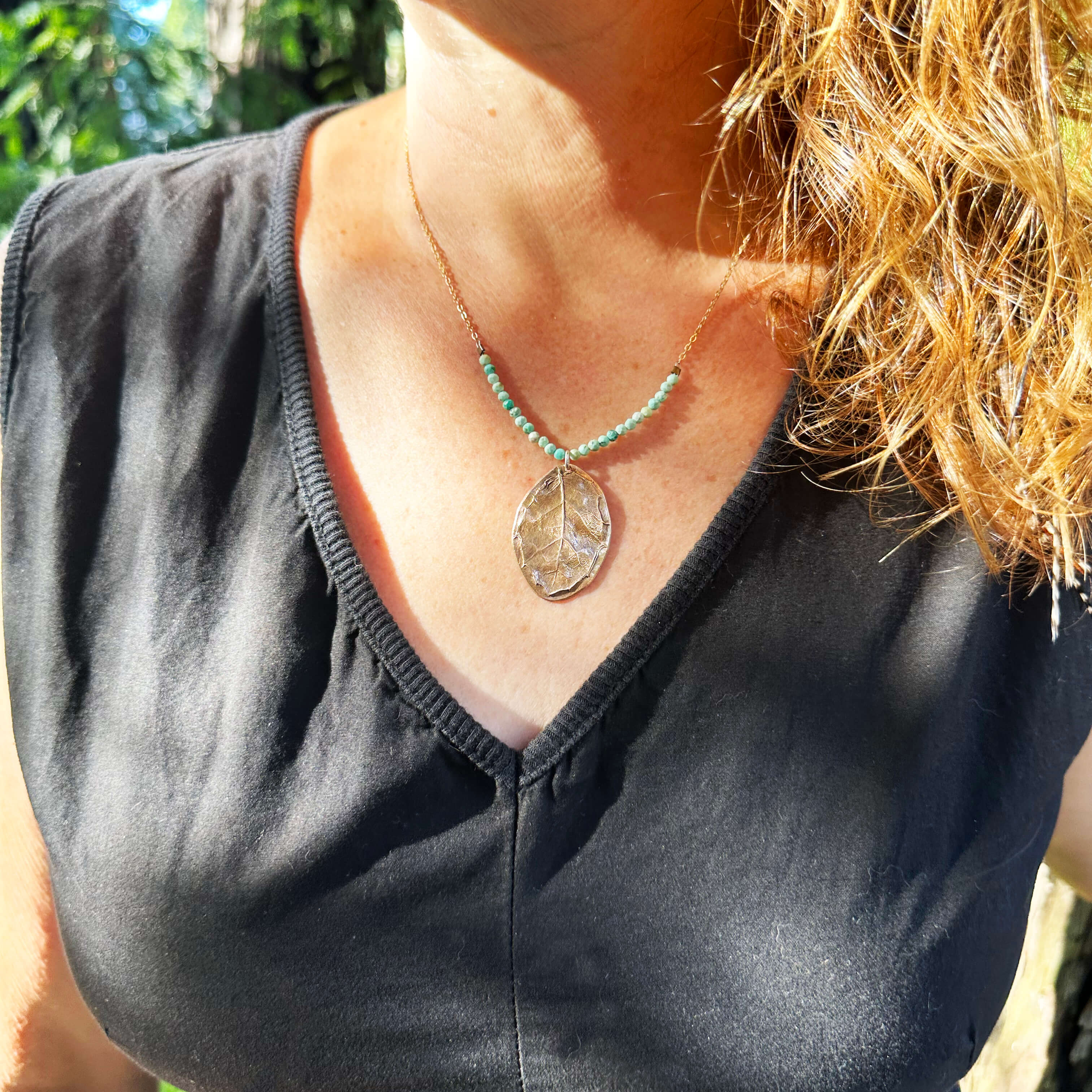 Wild Horizon Bronze Oak Leaf & Peruvian Turquoise Pendant Necklace