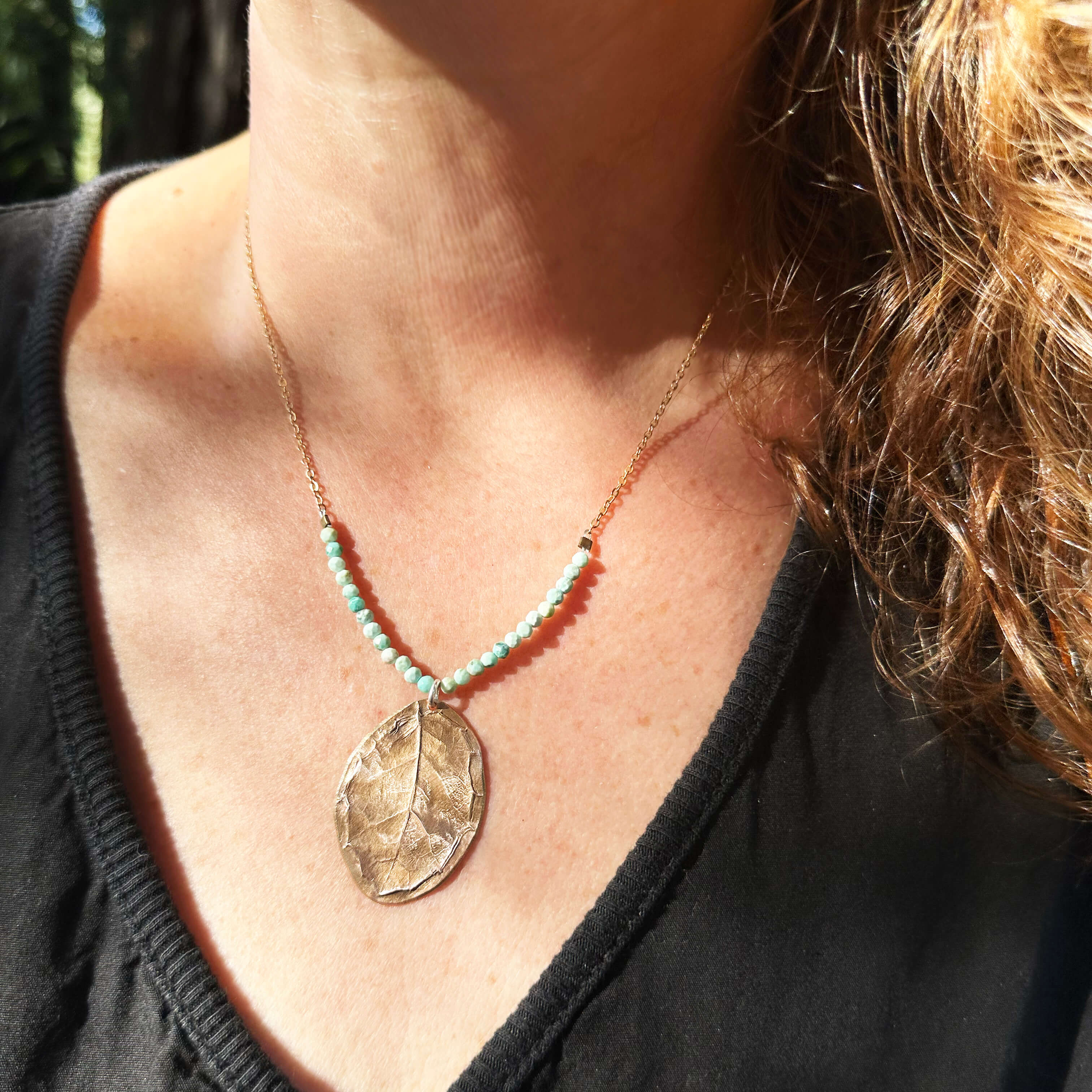 Wild Horizon Bronze Oak Leaf & Peruvian Turquoise Pendant Necklace