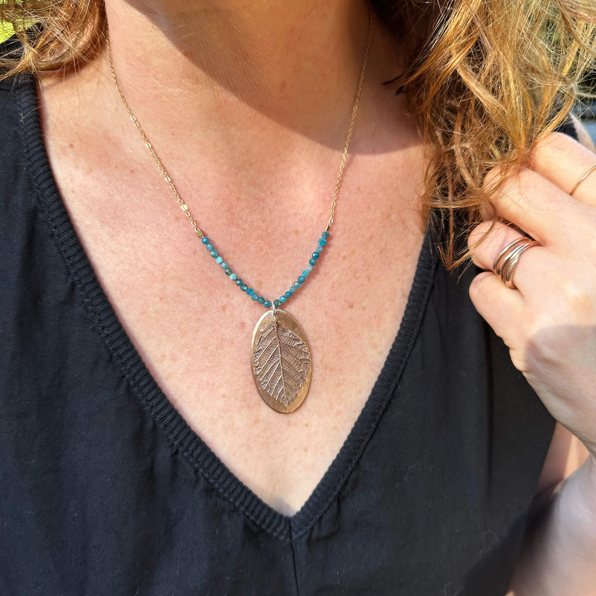 Wild Insight Bronze Blackberry Leaf & Apatite Pendant Necklace
