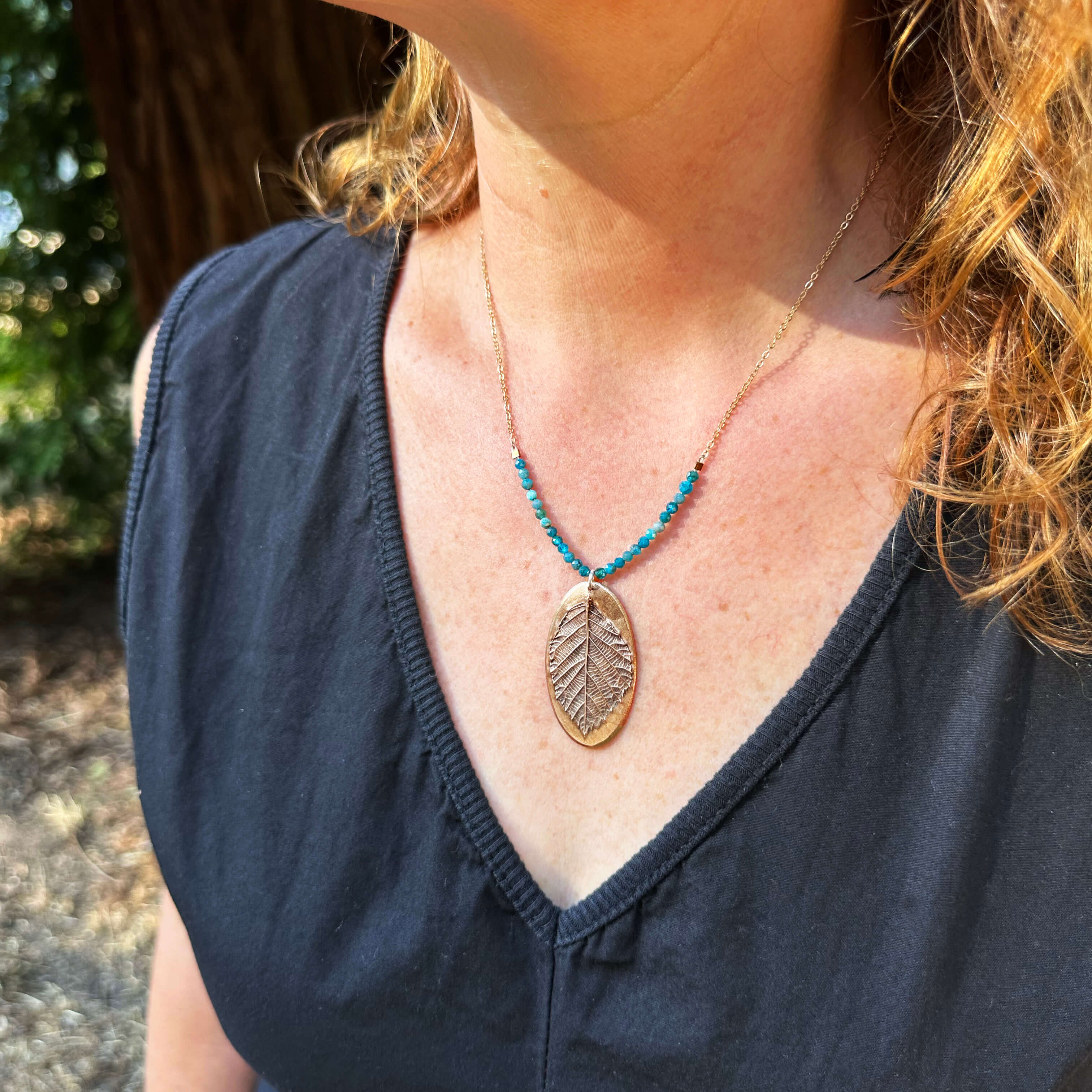 Wild Insight Bronze Blackberry Leaf & Apatite Pendant Necklace