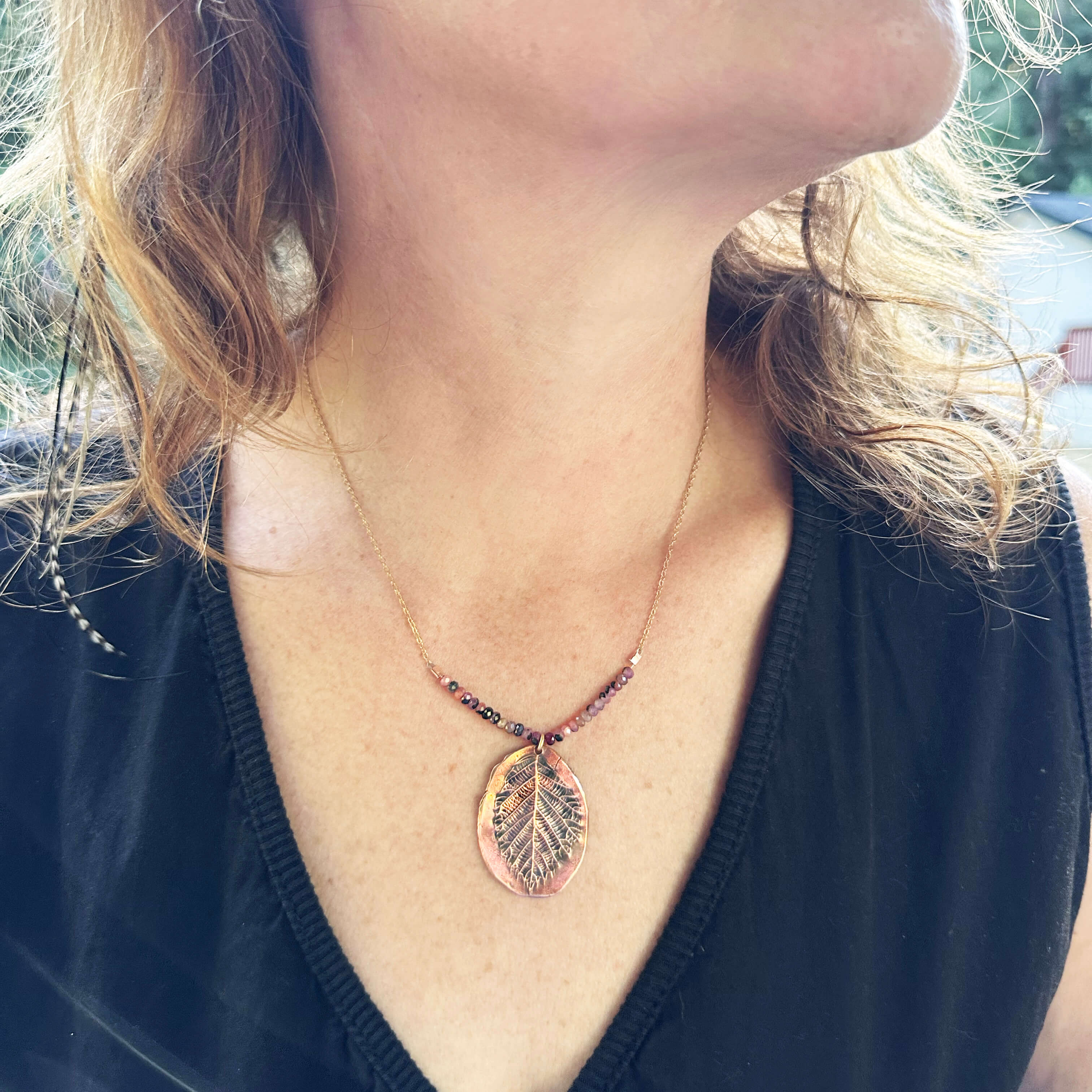 Wild Radiance Copper Blackberry Leaf & Ruby Pendant Necklace