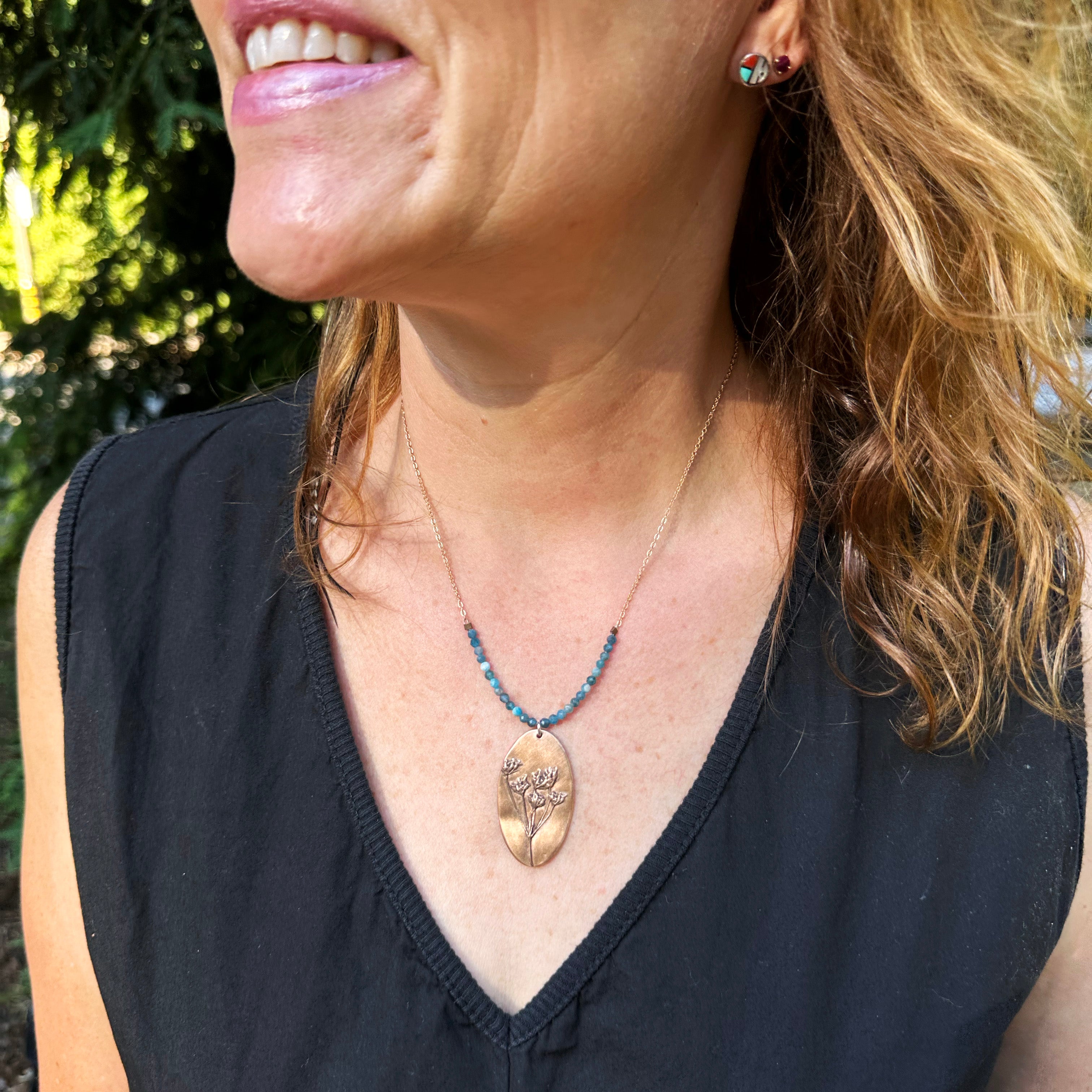 Wild Whispers Bronze Wildflower & Apatite Pendant Necklace