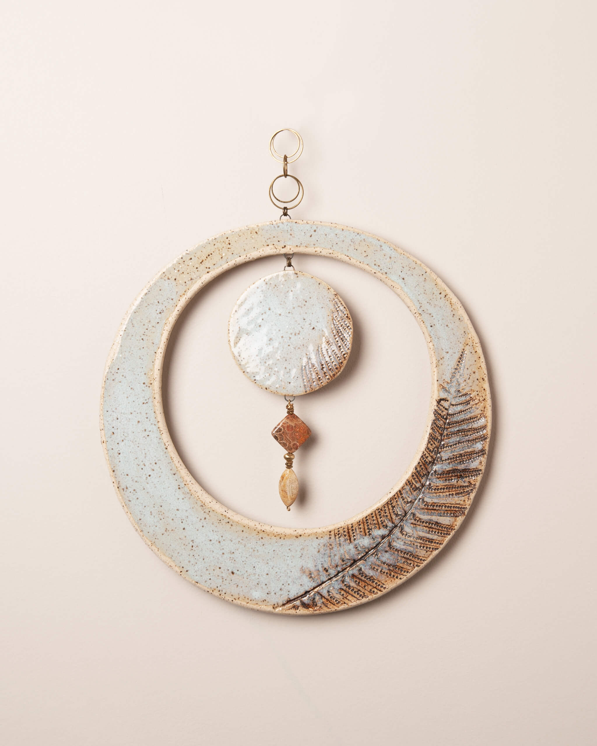 Lunar Fern large handmade ceramic wall hanging with fern impression and ice blue glaze, white speckled clay, made in the Santa Cruz Mountains of California