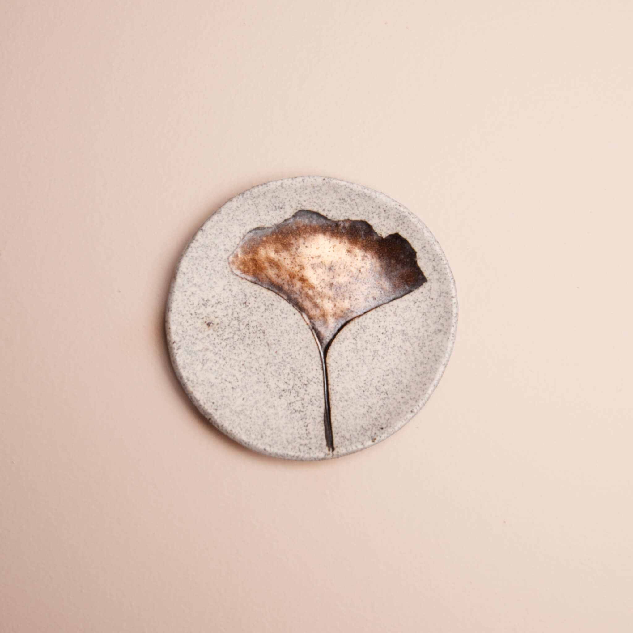 Handmade ceramic ginkgo ring dish with metallic gold glaze accent, natural dragon fruit clay, by Jester Swink