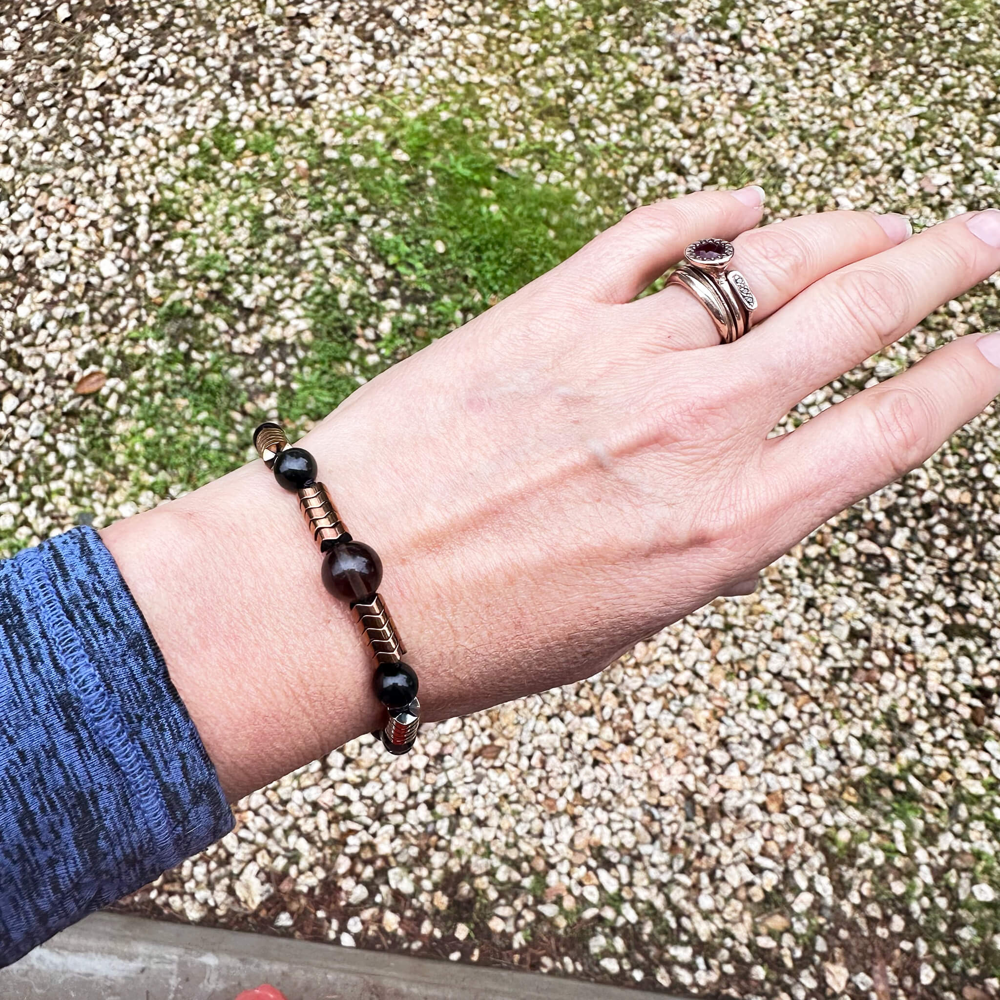 Adjustable Men's Grounded Bracelet: Smokey Quartz, Obsidian, & Copper