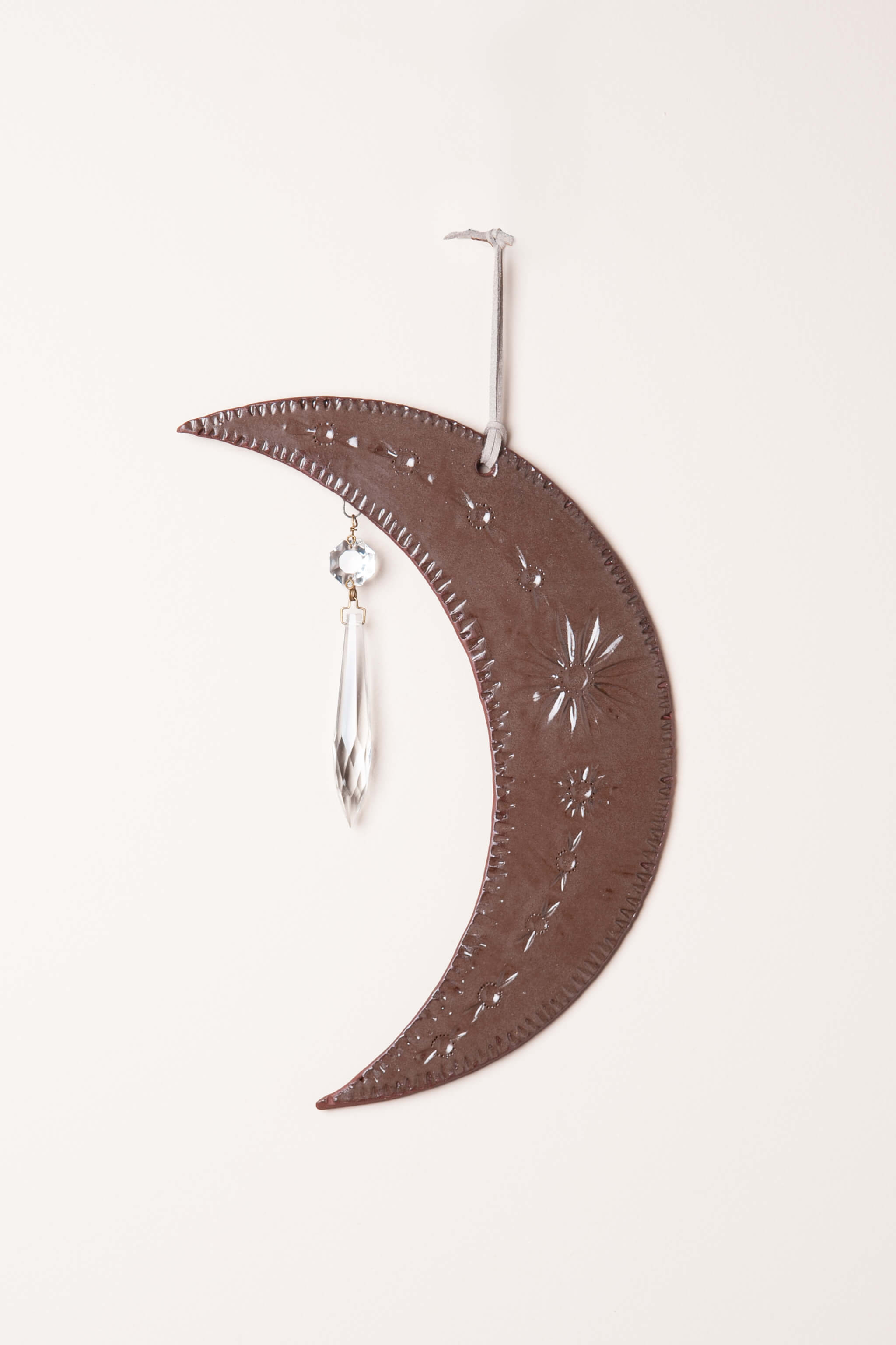 Large handmade ceramic crescent moon wall hanging in chocolate brown with floral mountain stampings and vintage crystal, kiln fired by Jester Swink Santa Cruz Mountains — From the Fire FTF_0726