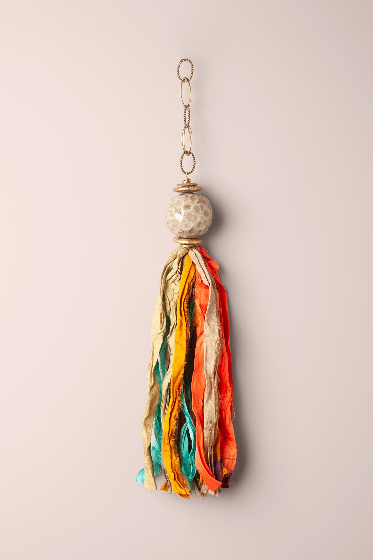 Large handmade windcatcher with a smoke grey ceramic bead, raw silk tassel and brass chain, kiln fired by Jester Swink Santa Cruz Mountains — From the Fire FTF_1026