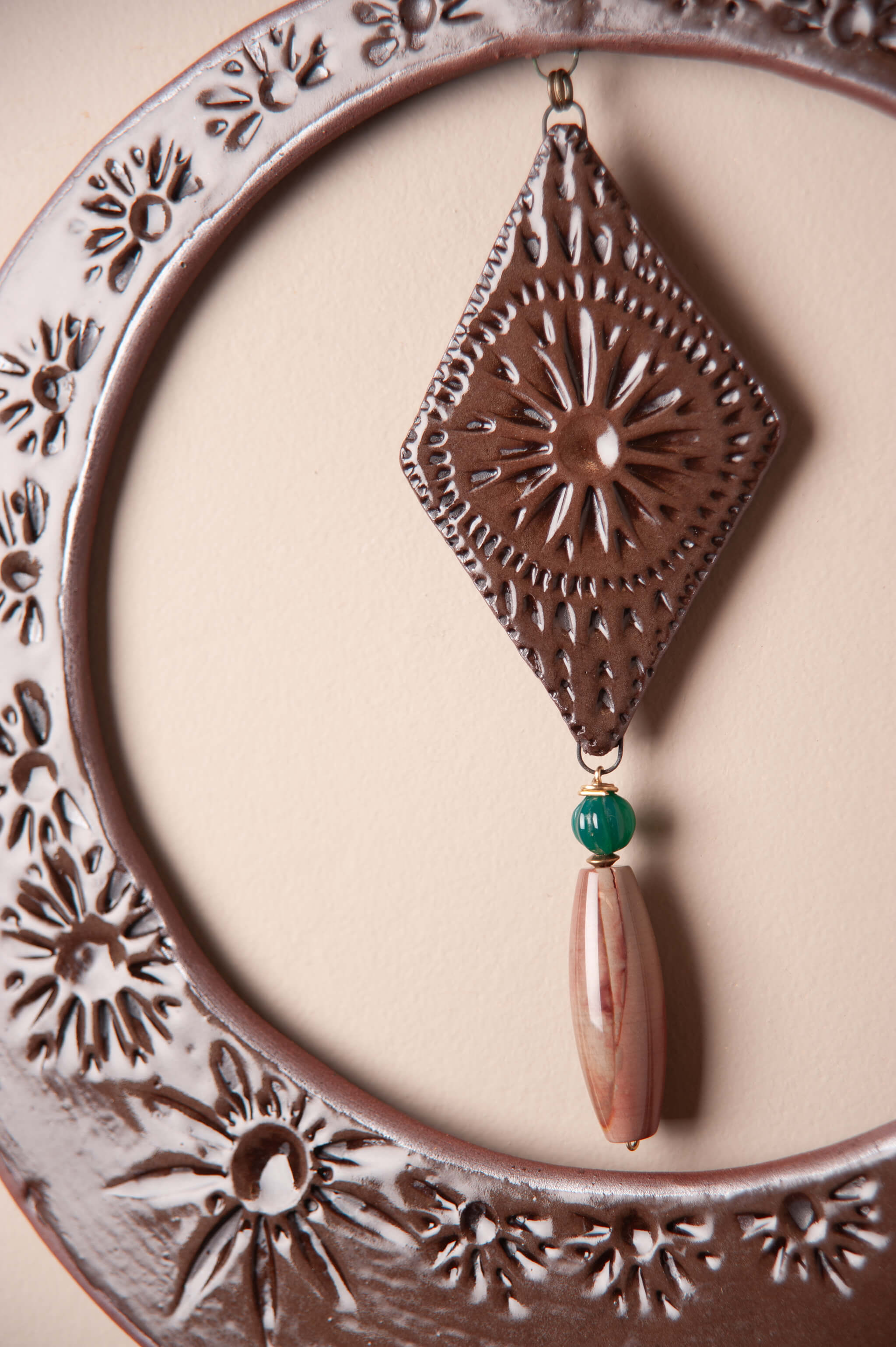 Green onyx and mountain jasper drop on large handmade ceramic wall hanging From the Fire FTF_0726 by Jester Swink