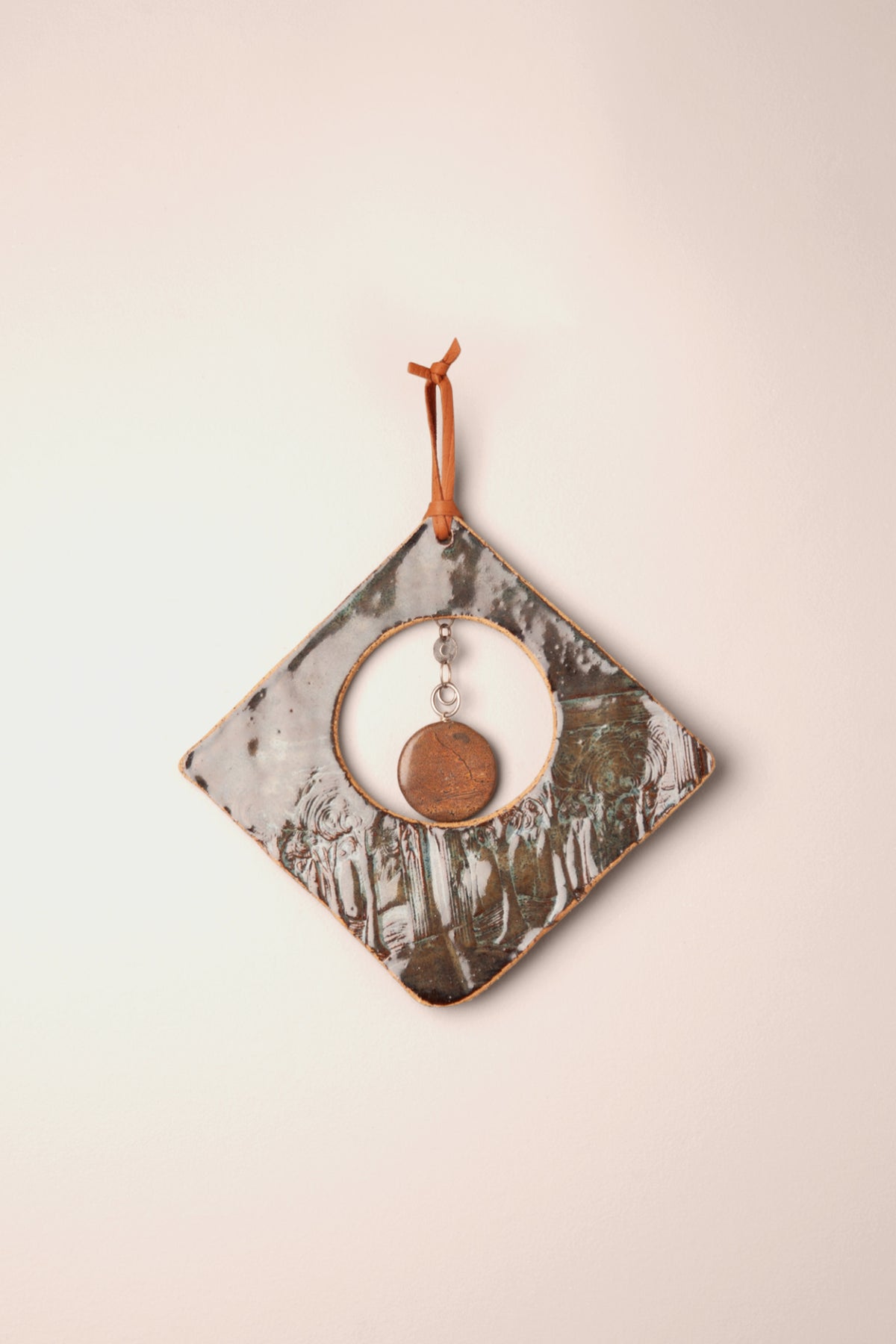 Medium handmade diamond ceramic wall hanging in rippled green Sea Breeze glaze with a swirling tree texture and a picture jasper stone on a silver chain, kiln fired by Jester Swink Santa Cruz Mountains — From the Fire FTF_1026