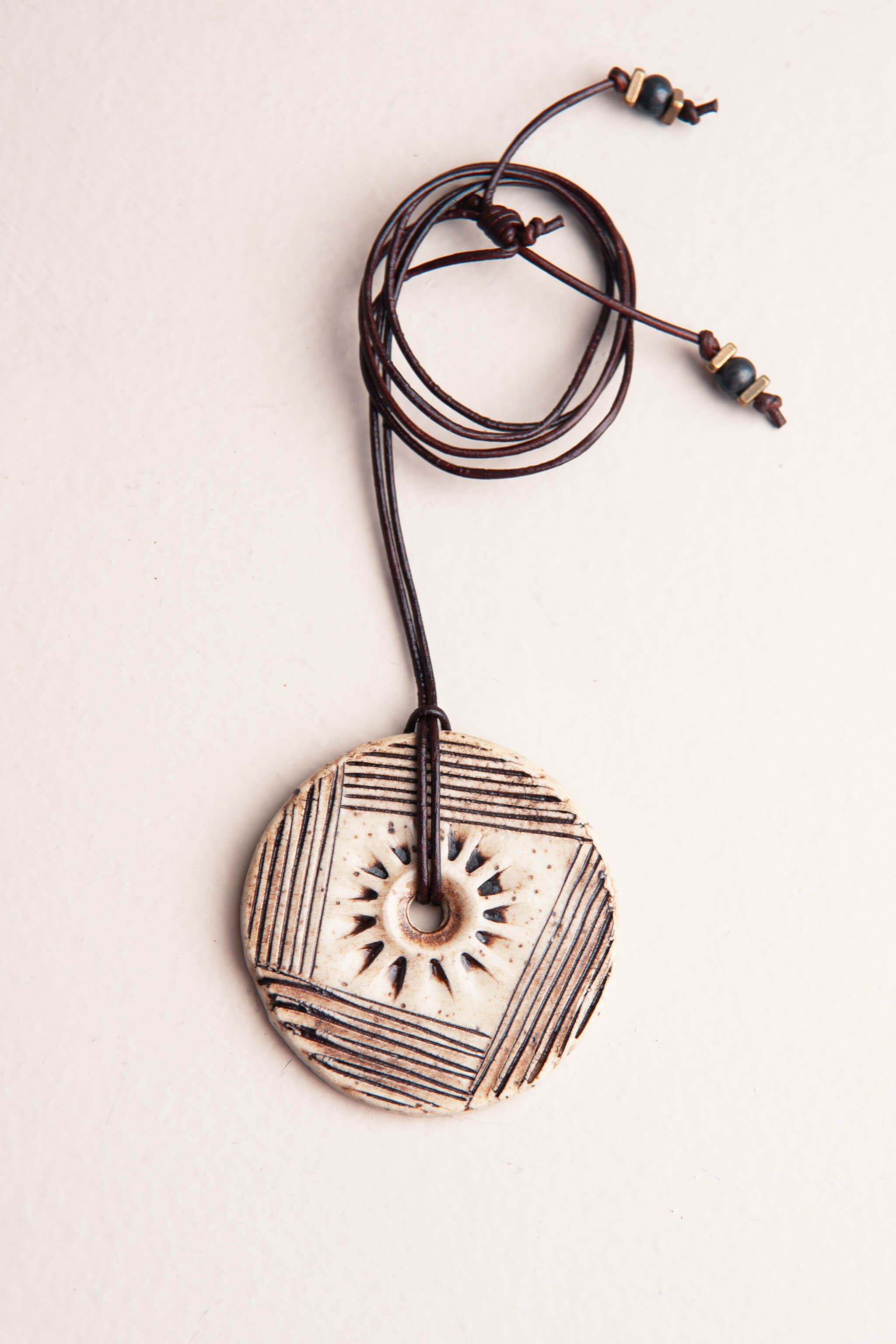 Modern Sun Ceramic Pendant Necklace No. 29 | Speckled White + Mocha — FTF_0726