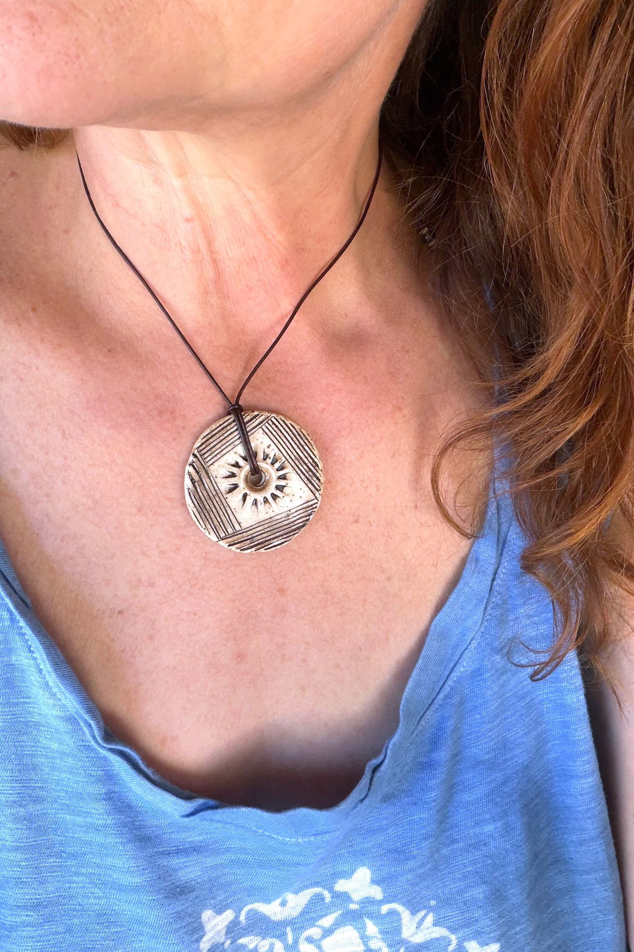 Modern Sun Ceramic Pendant Necklace No. 29 | Speckled White + Mocha — FTF_0726