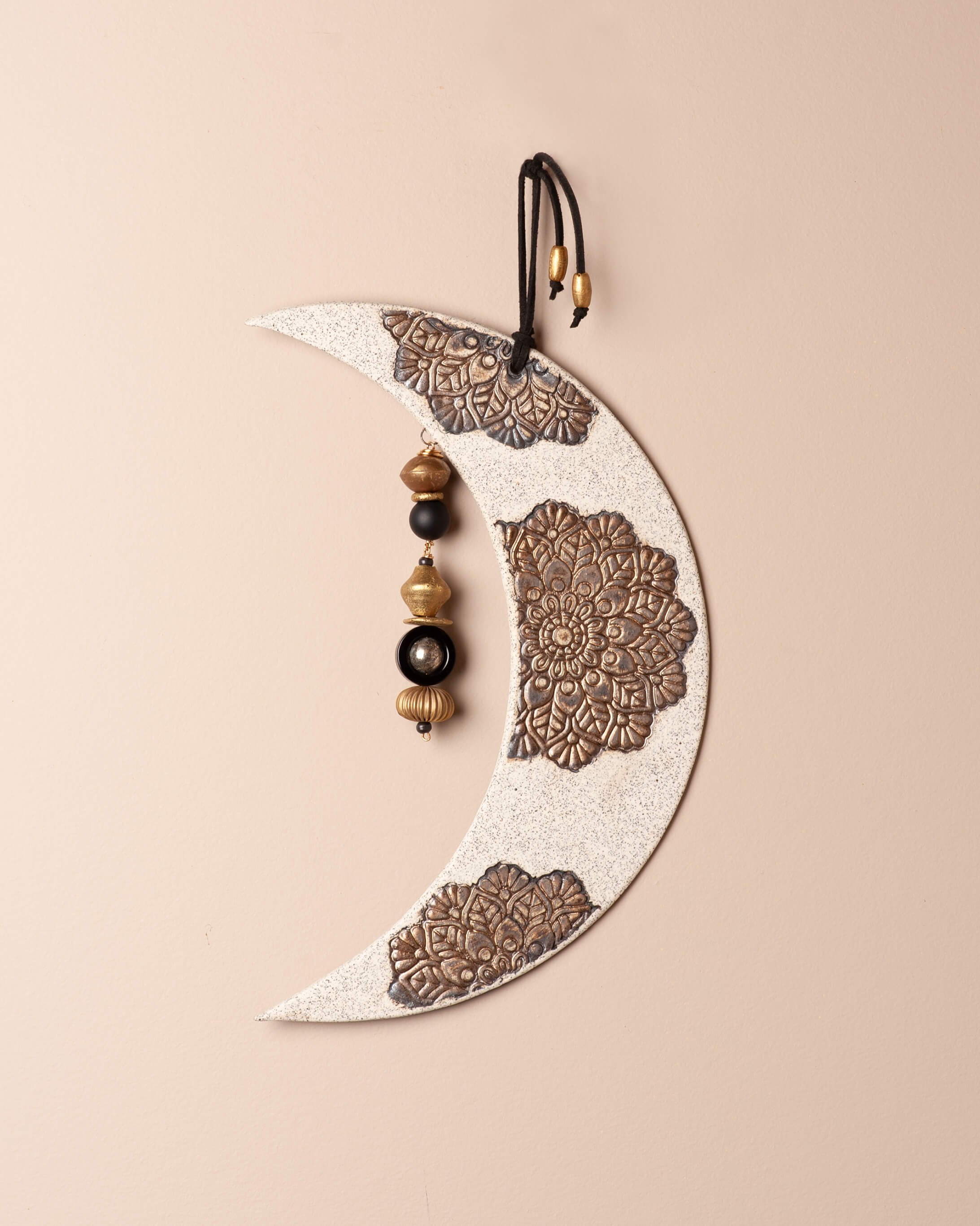 Ceramic moon mandala wall art in white with pyrite and onyx, Sacred Orbit by Jester Swink