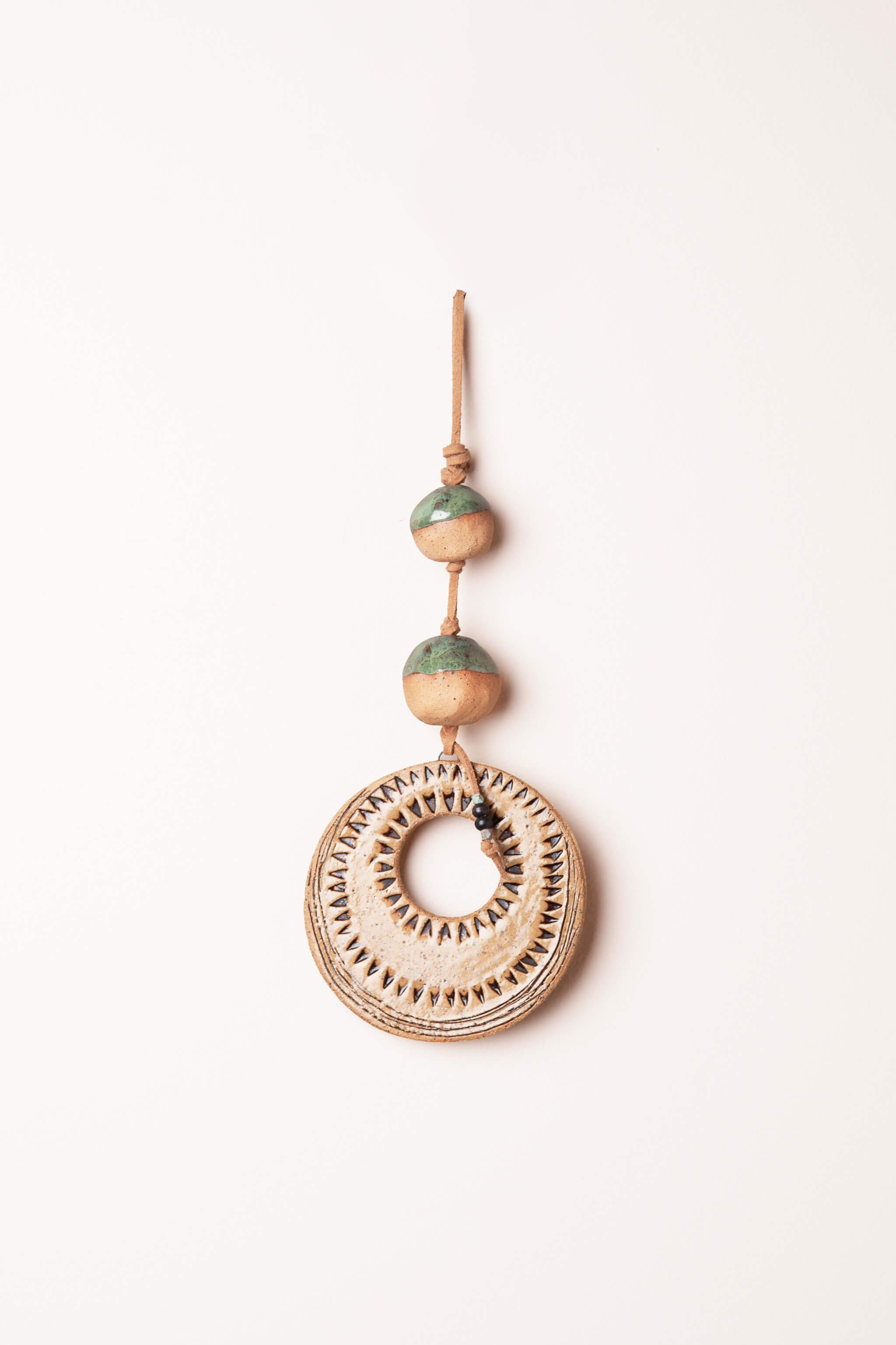 Small handmade ceramic totem wall hanging with half glazed aqua marine beads and sun ray mountain pattern, kiln fired by Jester Swink Santa Cruz Mountains — From the Fire FTF_0726