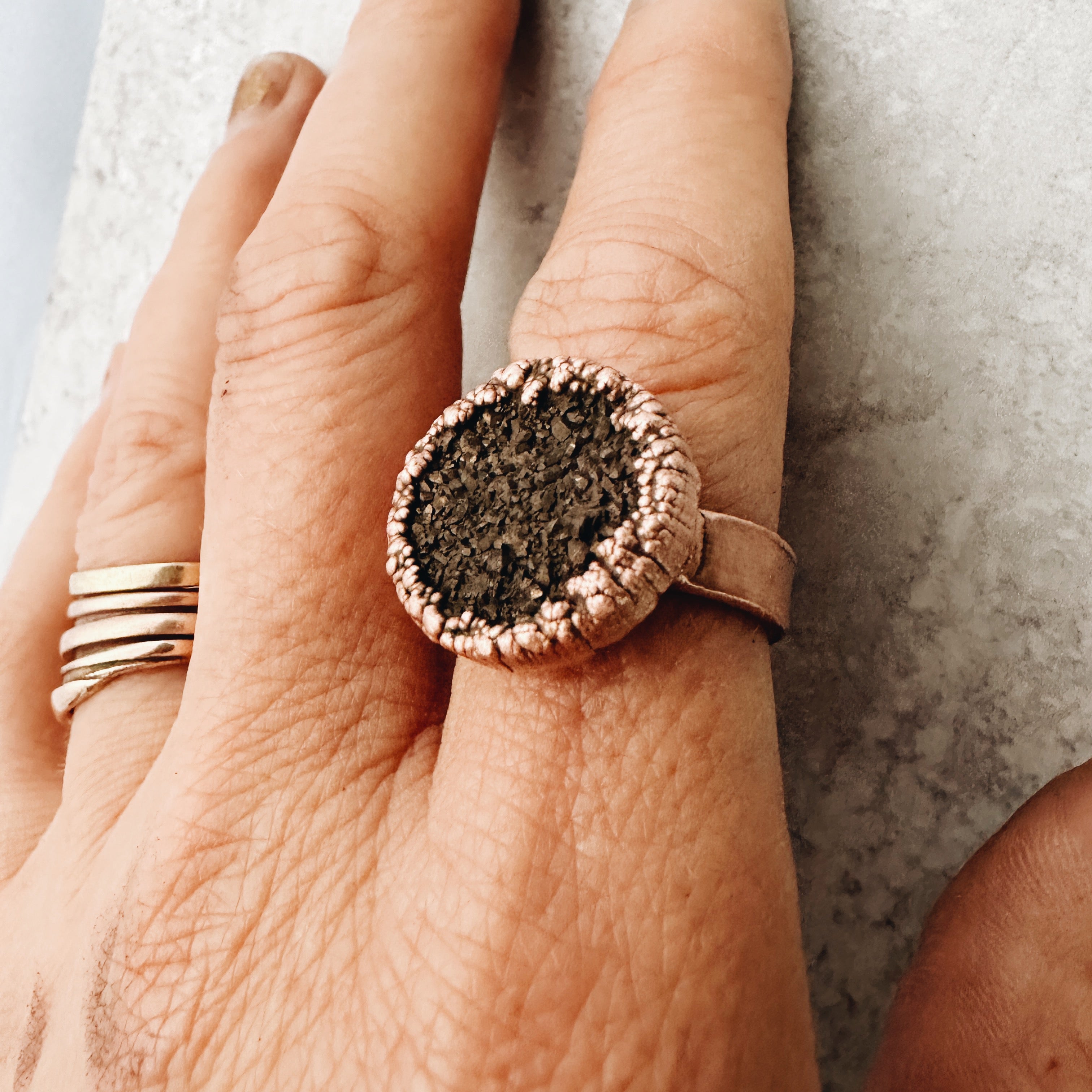 Pyrite Druzy and Copper Handmade Ring, Stylish Jewelry - Jester Swink