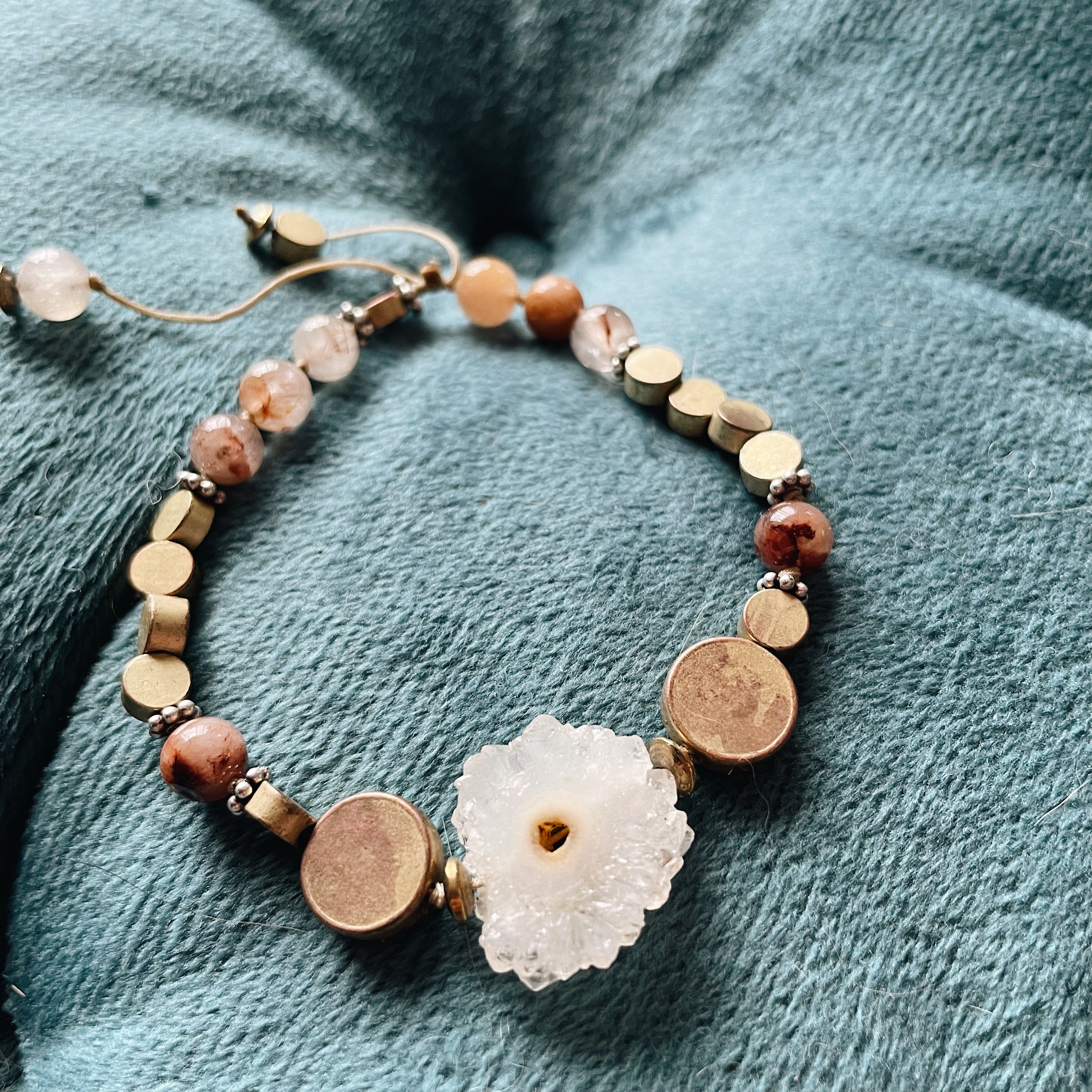 Quartz Druzy, Rutilated Quartz, Hematite, Sterling, and Brass Semi Precious Stone Bracelet - Jester Swink