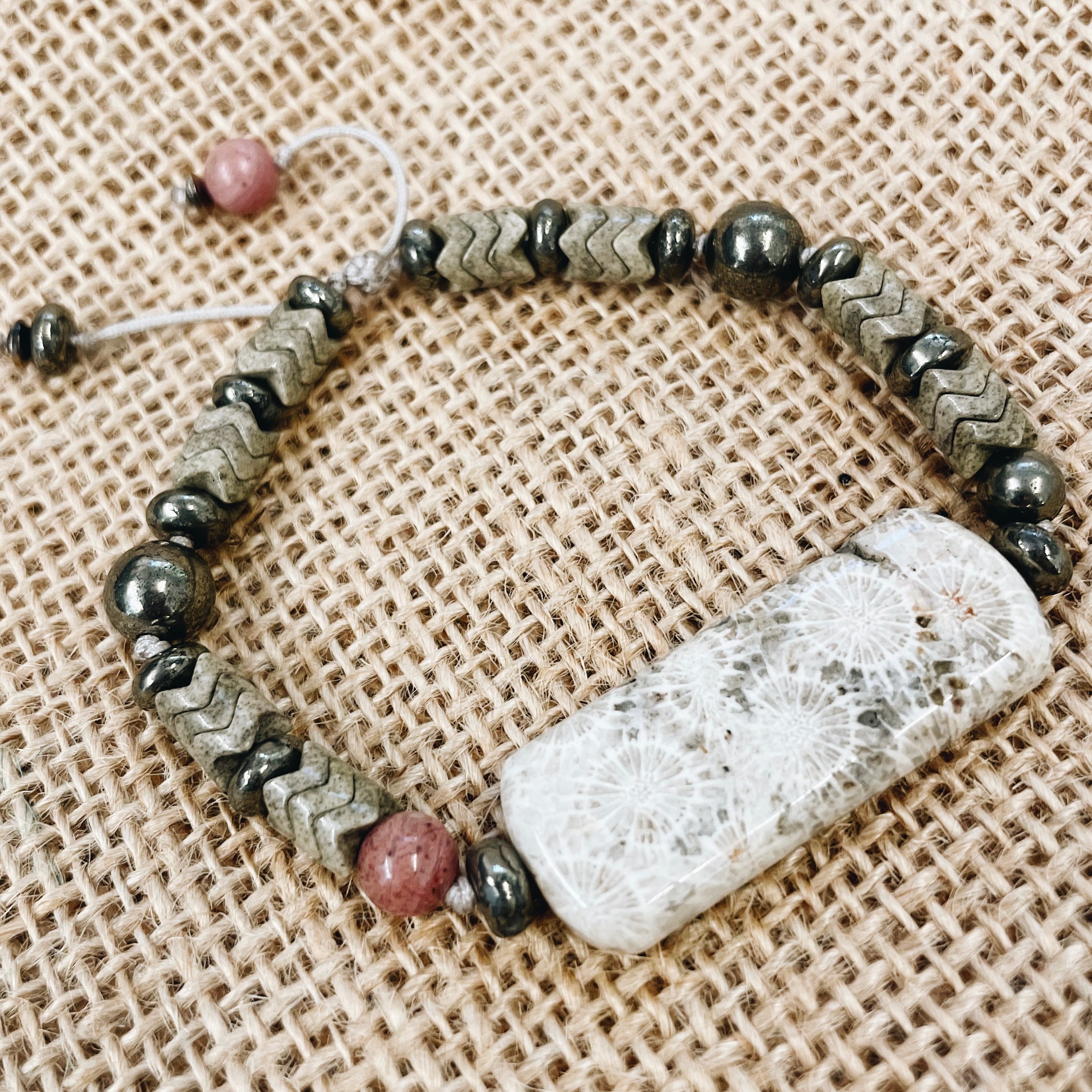 Fossilized Agate, Pyrite, Rhodonite, and Gray Agate Semi Precious Stone Bracelet - Jester Swink