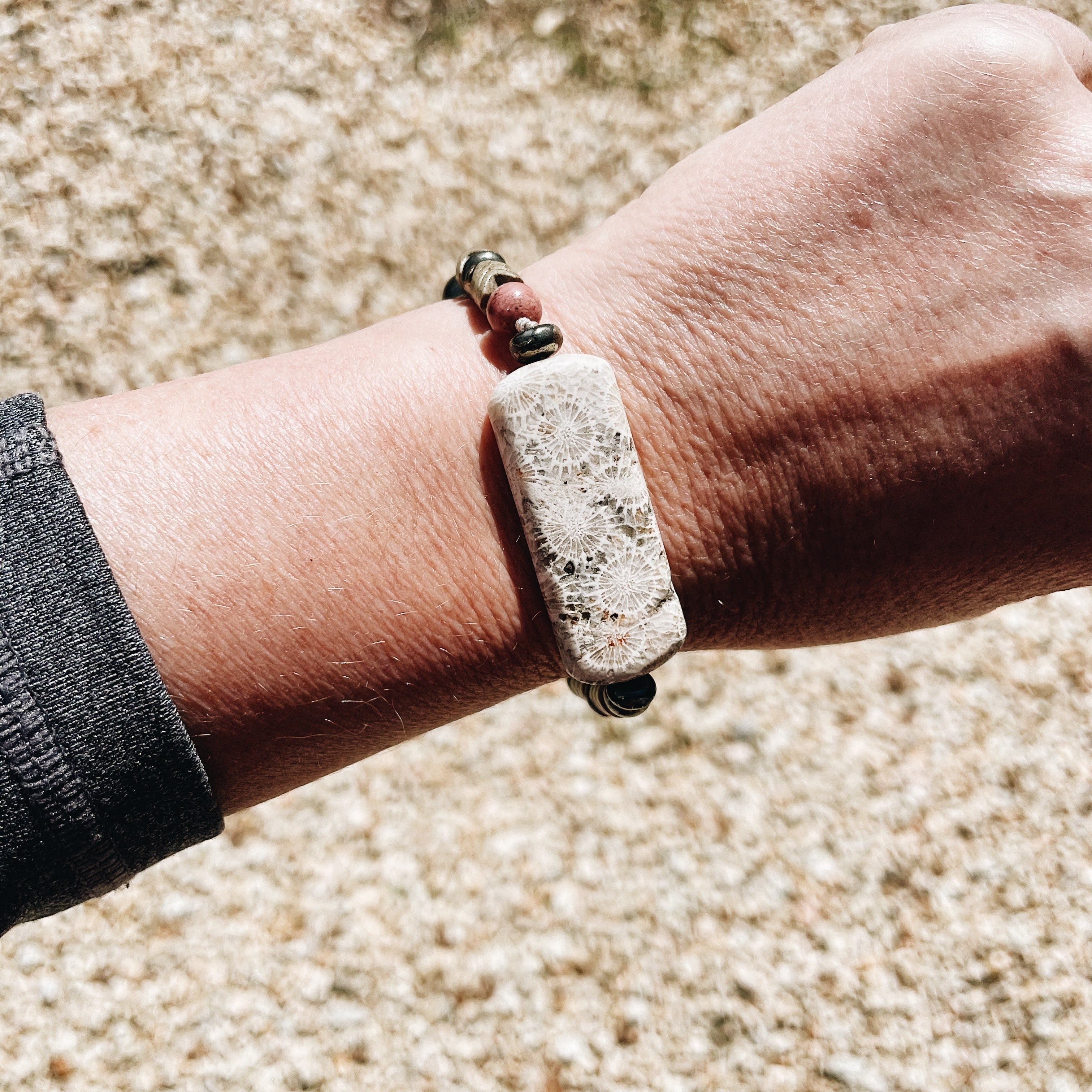 Fossilized Agate, Pyrite, Rhodonite, and Gray Agate Semi Precious Stone Bracelet - Jester Swink