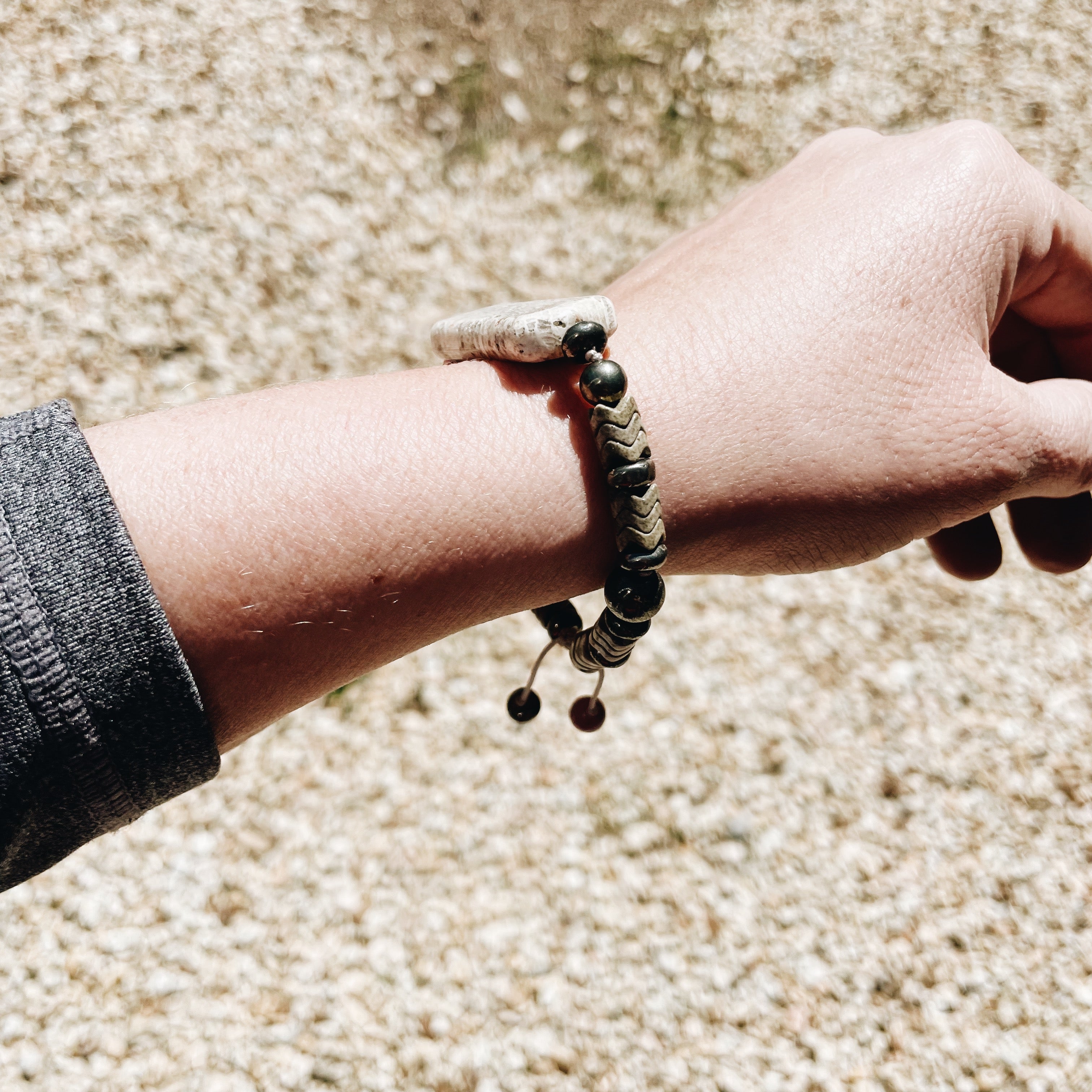 Fossilized Agate, Pyrite, Rhodonite, and Gray Agate Semi Precious Stone Bracelet - Jester Swink