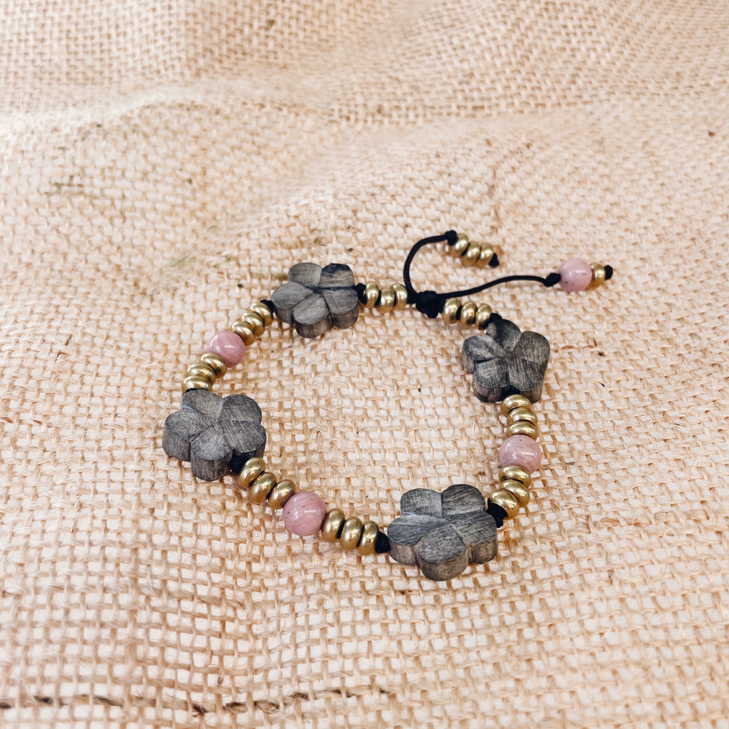 Rhodochrosite, Grey Wood, Brass Knotted Beaded Bracelet by Jester Swink - Jester Swink