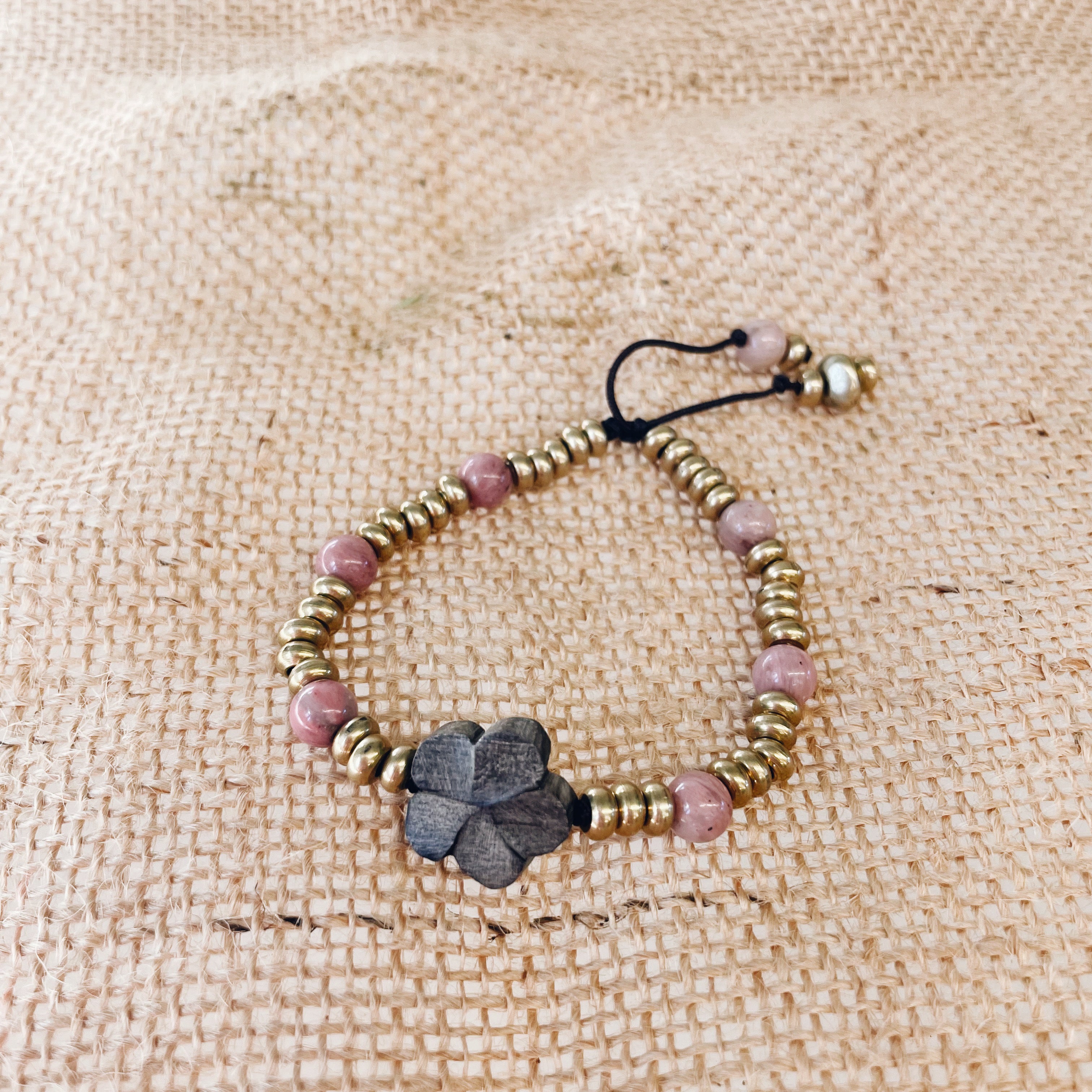 Rhodochrosite, Grey Wood, Brass Flower Knotted Beaded Bracelet by Jester Swink - Jester Swink