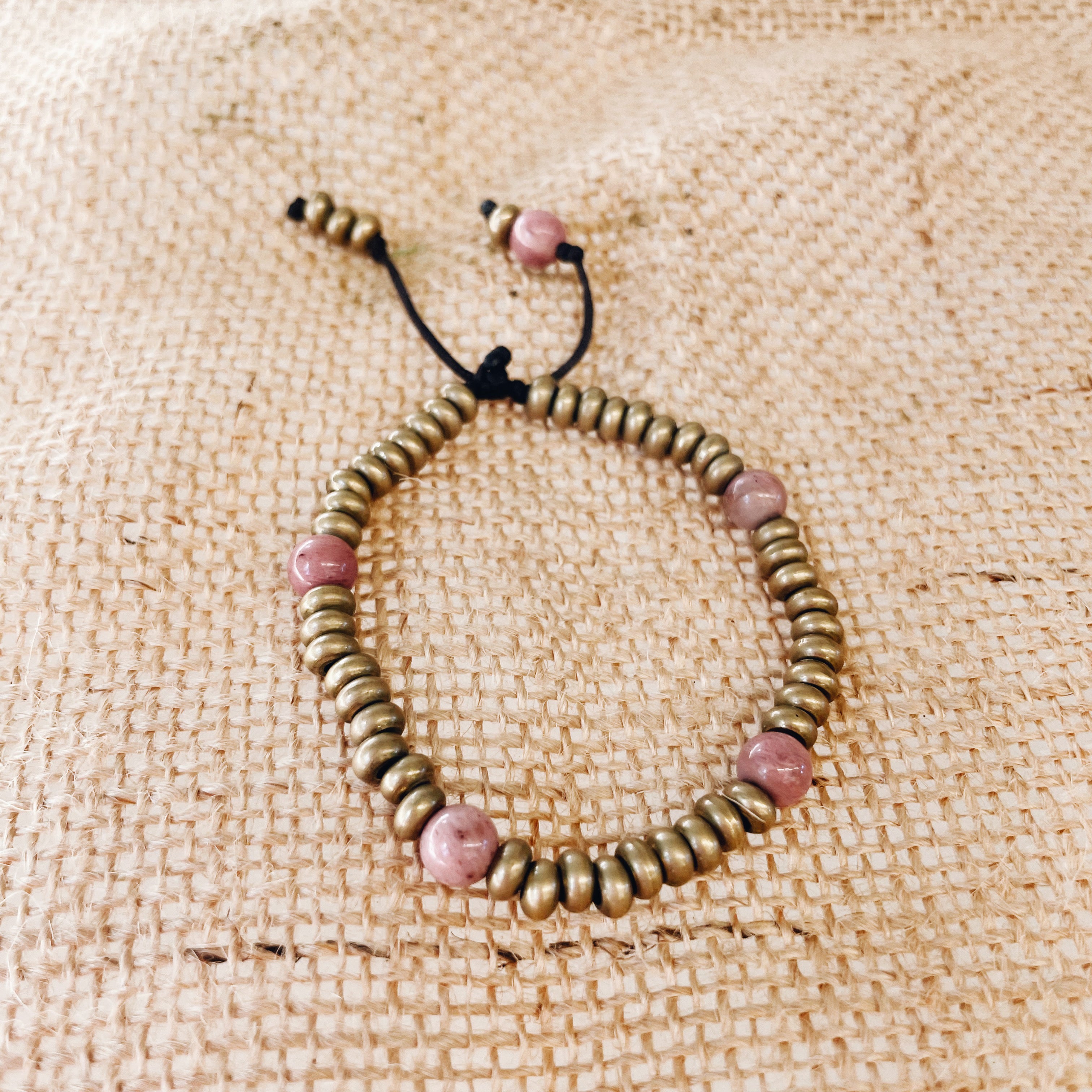 Rhodochrosite and Brass Knotted Beaded Bracelet by Jester Swink - Jester Swink