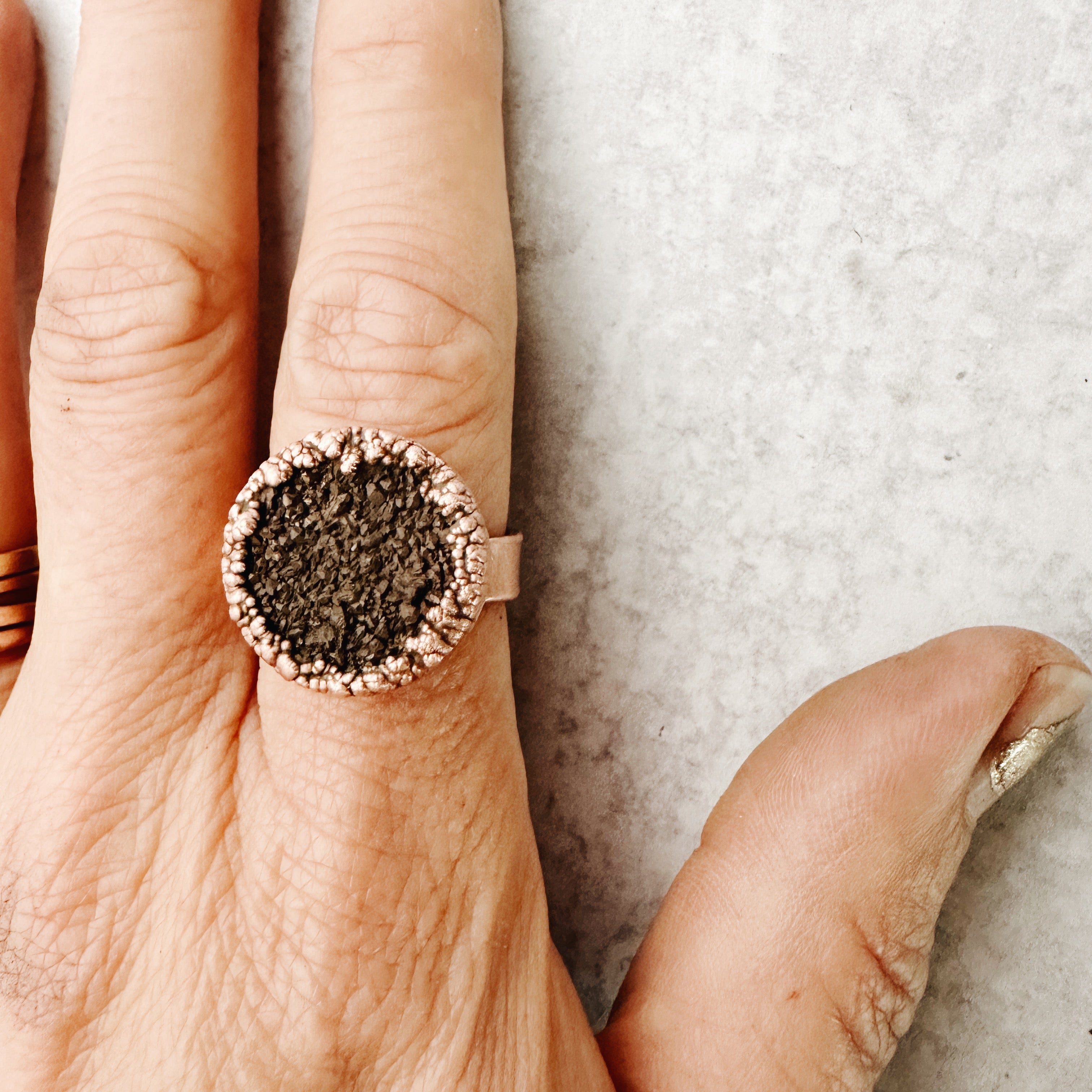Pyrite Druzy and Copper Handmade Ring, Stylish Jewelry - Jester Swink