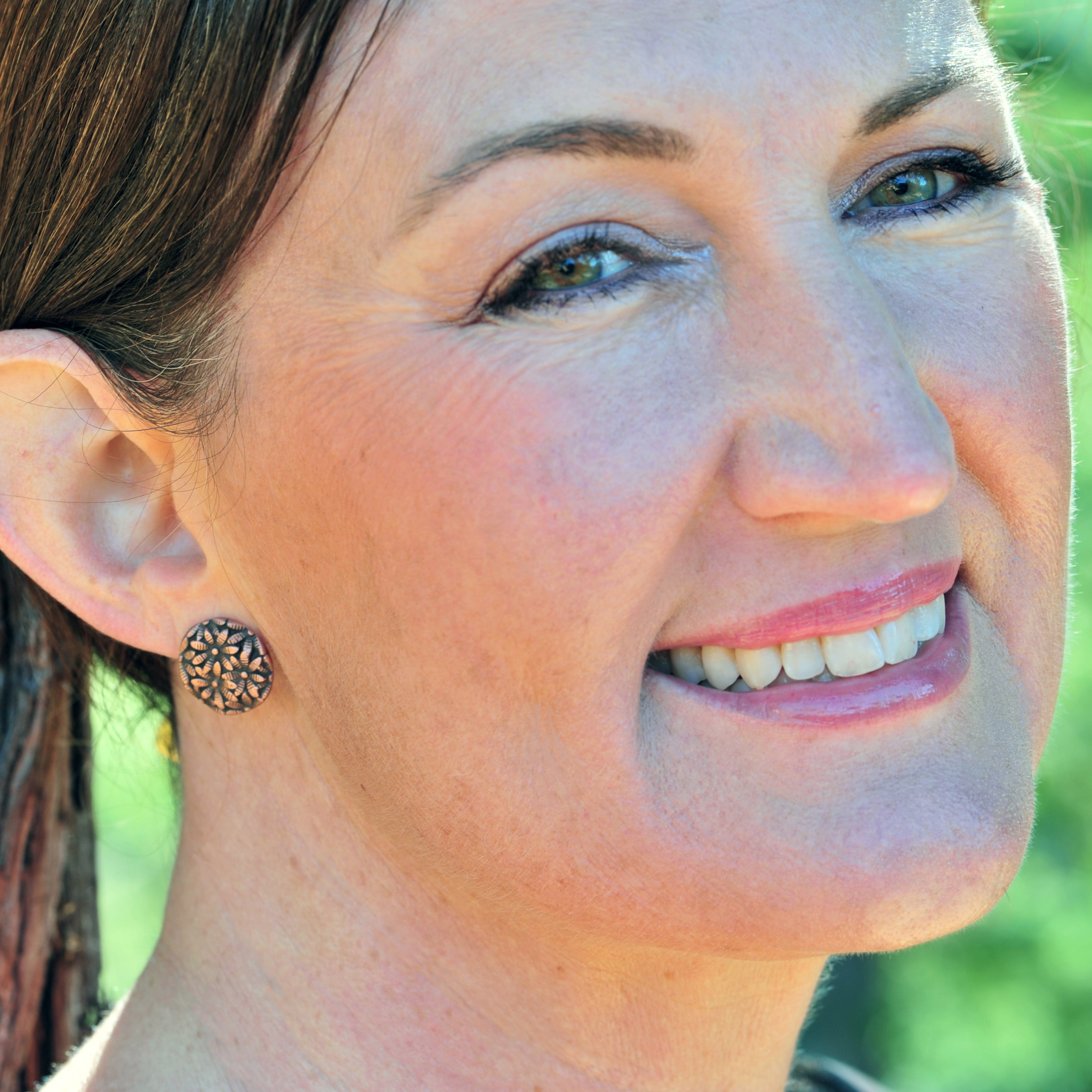 Copper Vintage Florals Button Stud Earrings by Jester Swink - Jester Swink