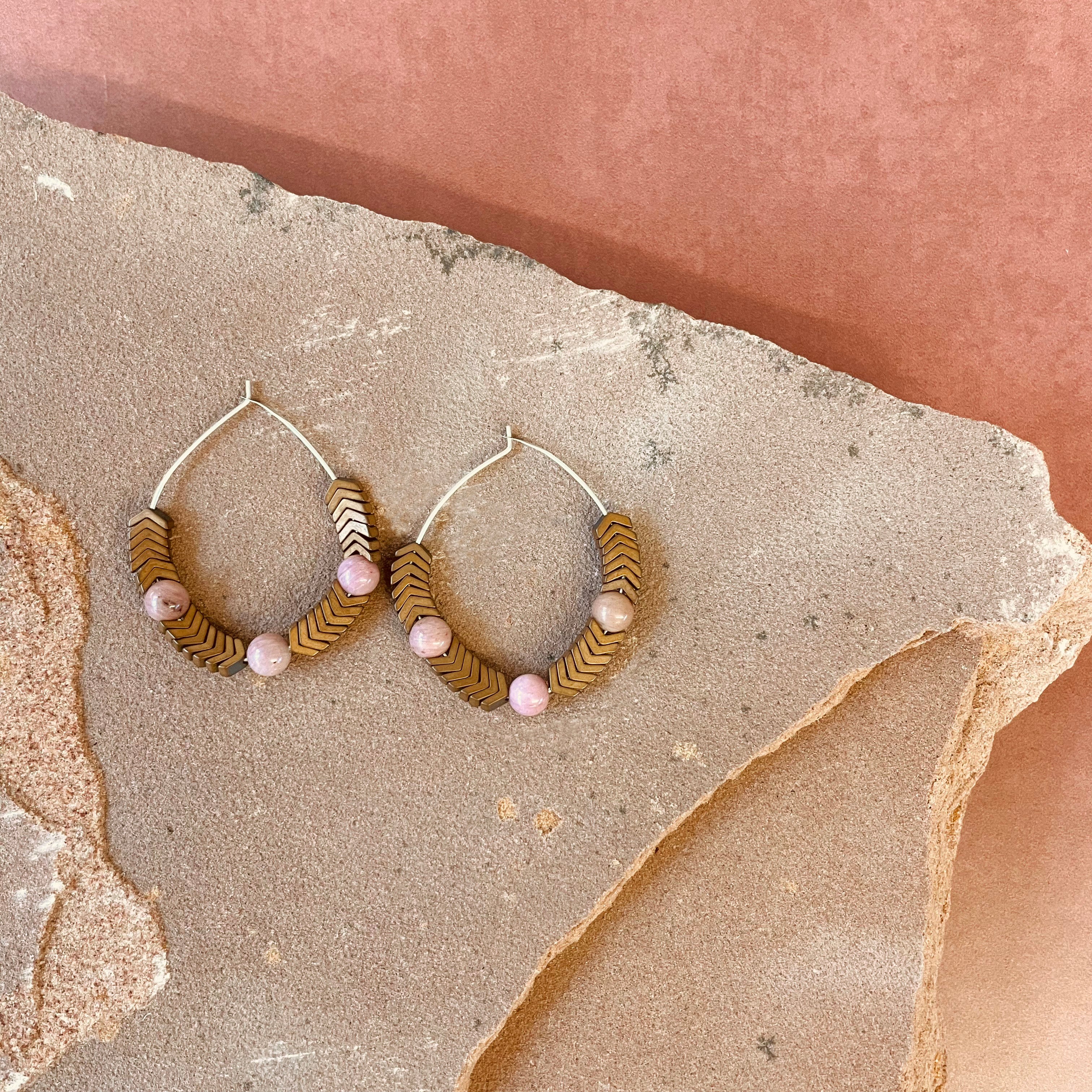 Silver Rhodochrosite Hematite Chevron Hoop Earrings - Jester Swink
