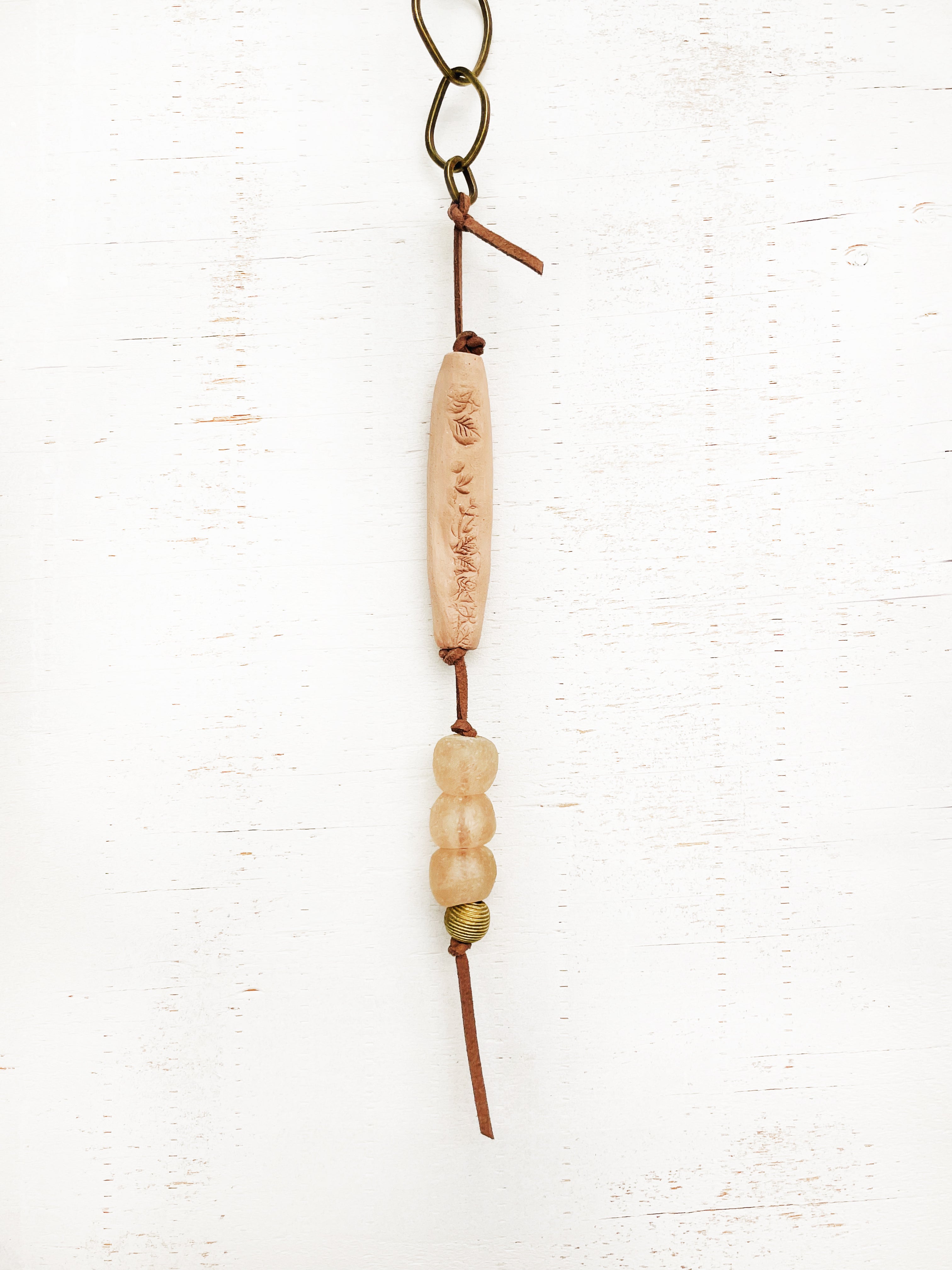 Brass & Rose Sea Glass Terracotta Clay Leather Silent Wind Chime by Jester Swink - Jester Swink