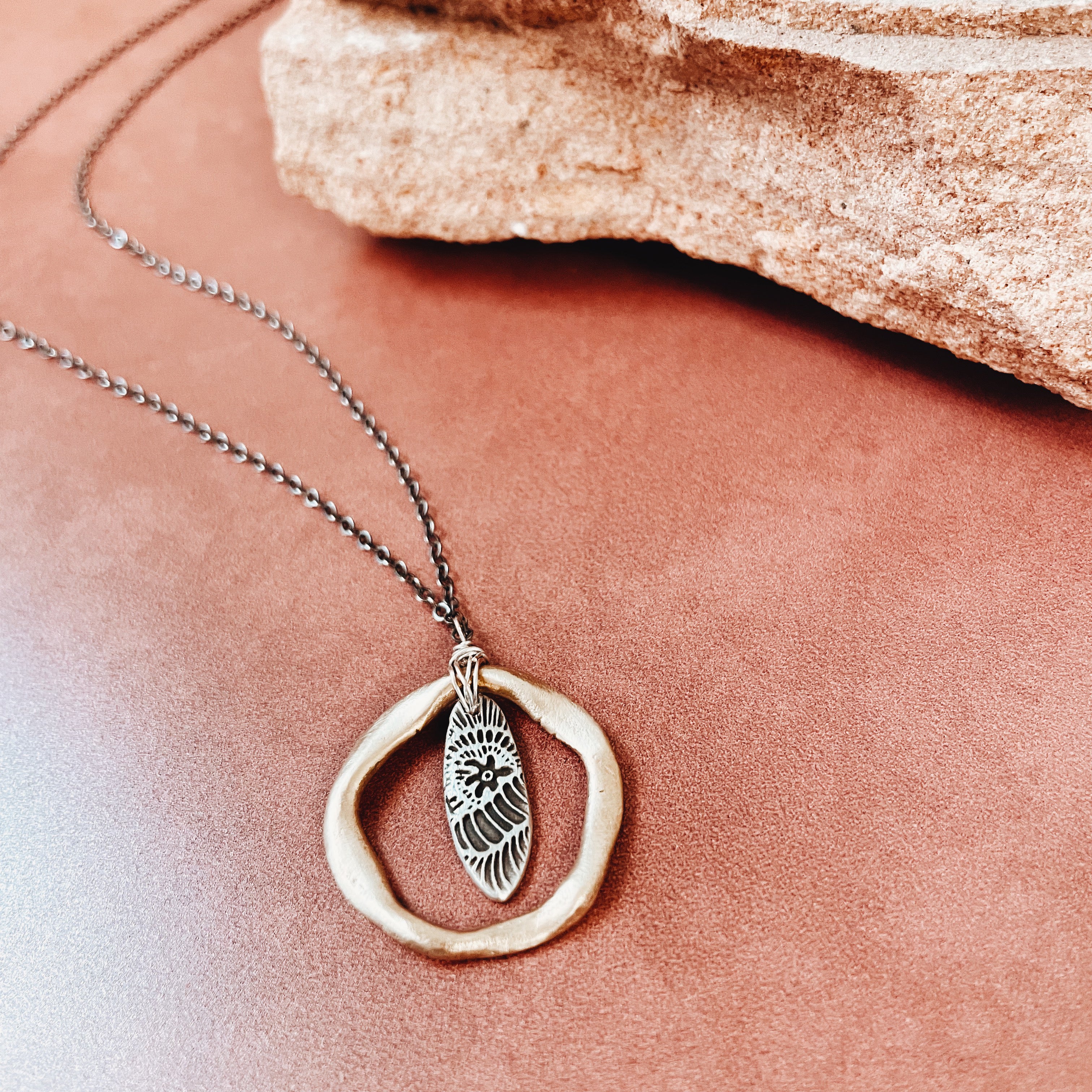 Mixed Metals Silver & Bronze Oval Flower Charm Necklace - Jester Swink